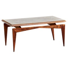 Tavolino di design brasiliano, Wood, Marmo, Brasile, anni '50