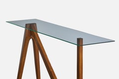 Brazilian Designer, Console Table, Wood, Glass, Brazil, 1950s