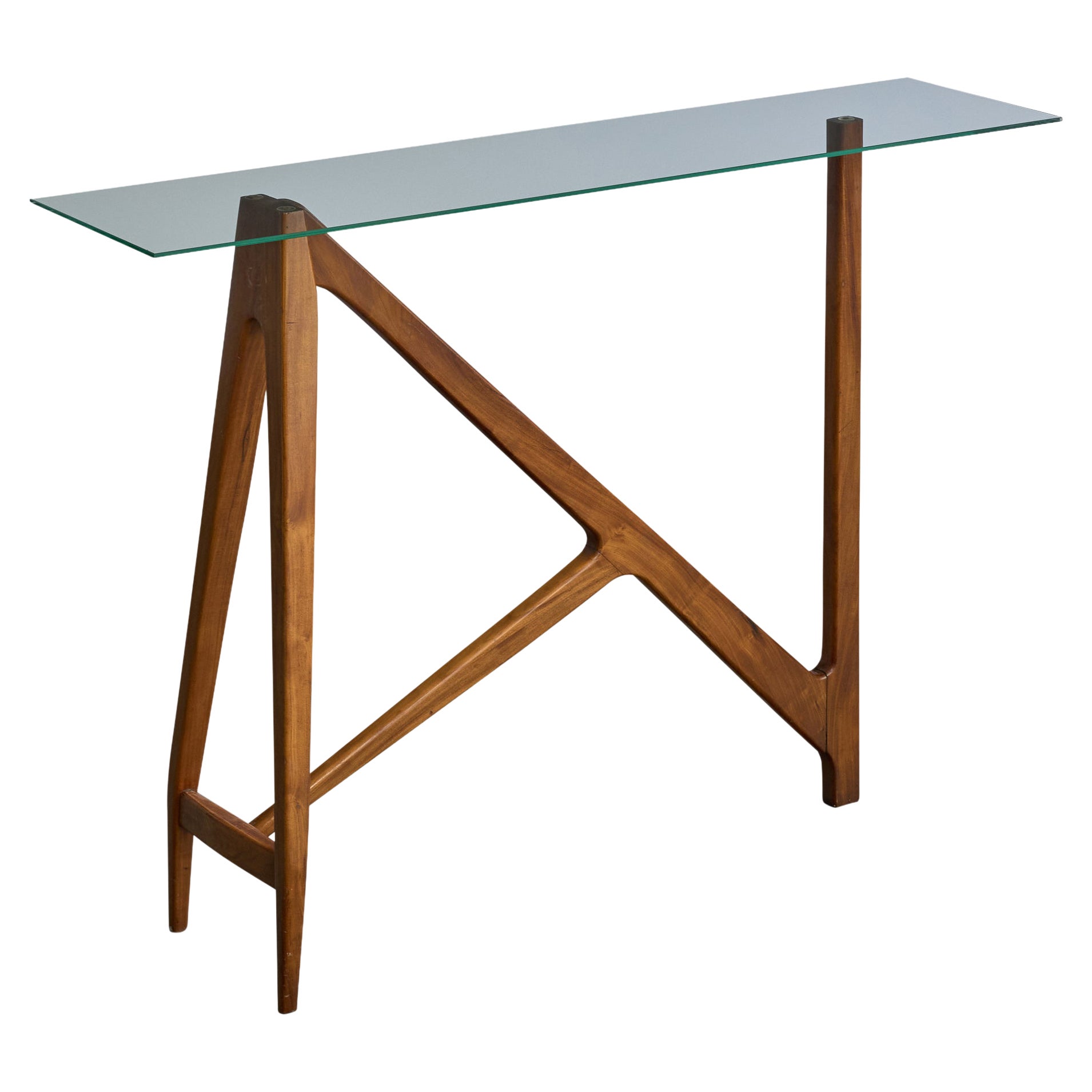 Designer brésilien, table console, Wood, verre, Brésil, années 1950 en vente