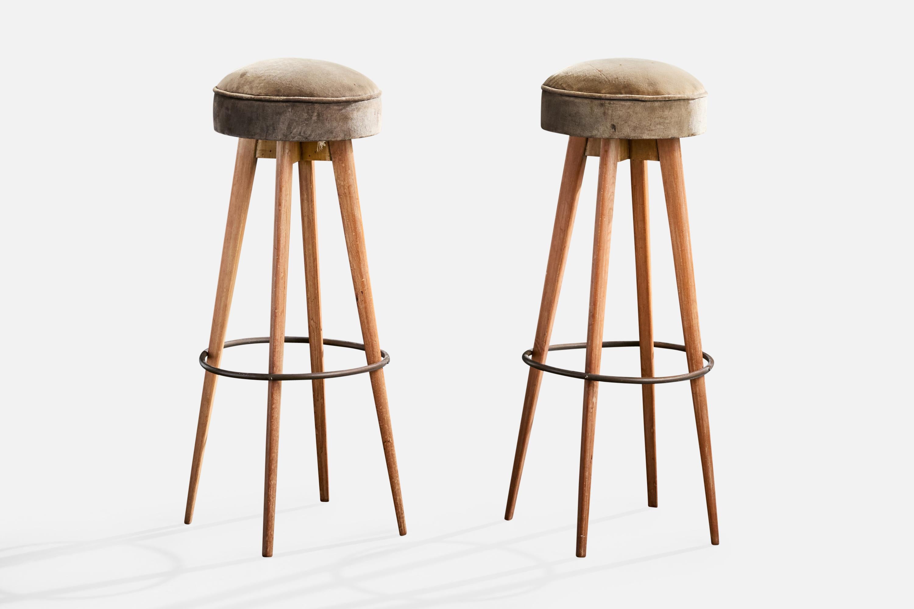 A pair of brown fabric, wood and metal counter stools or bar stools designed and produced in Brazil, c. 1950s.

Reupholstery recommended.

Overall Dimensions (inches): 32.0