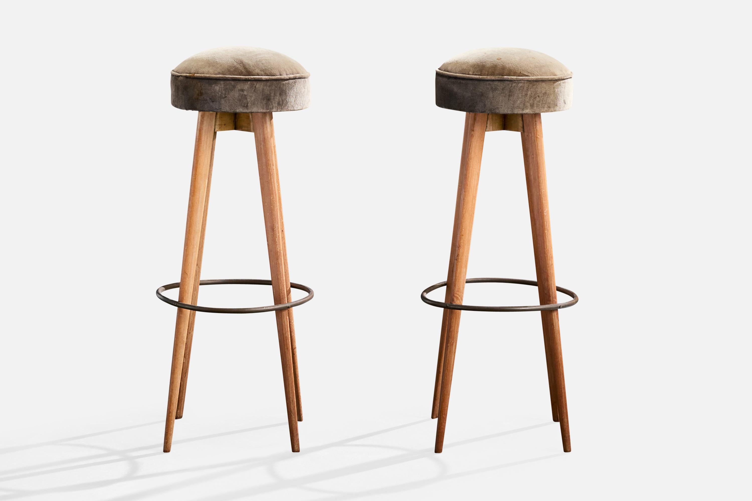 Mid-Century Modern Brazilian Designer, Counter Stools, Metal, Wood, Fabric, Brazil, 1950s For Sale
