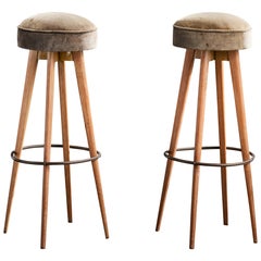 Brazilian Designer, Counter Stools, Metal, Wood, Fabric, Brazil, 1950s