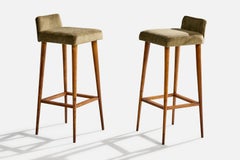 Brazilian Designer, Counter Stools, Wood, Velvet, Brazil, 1950s