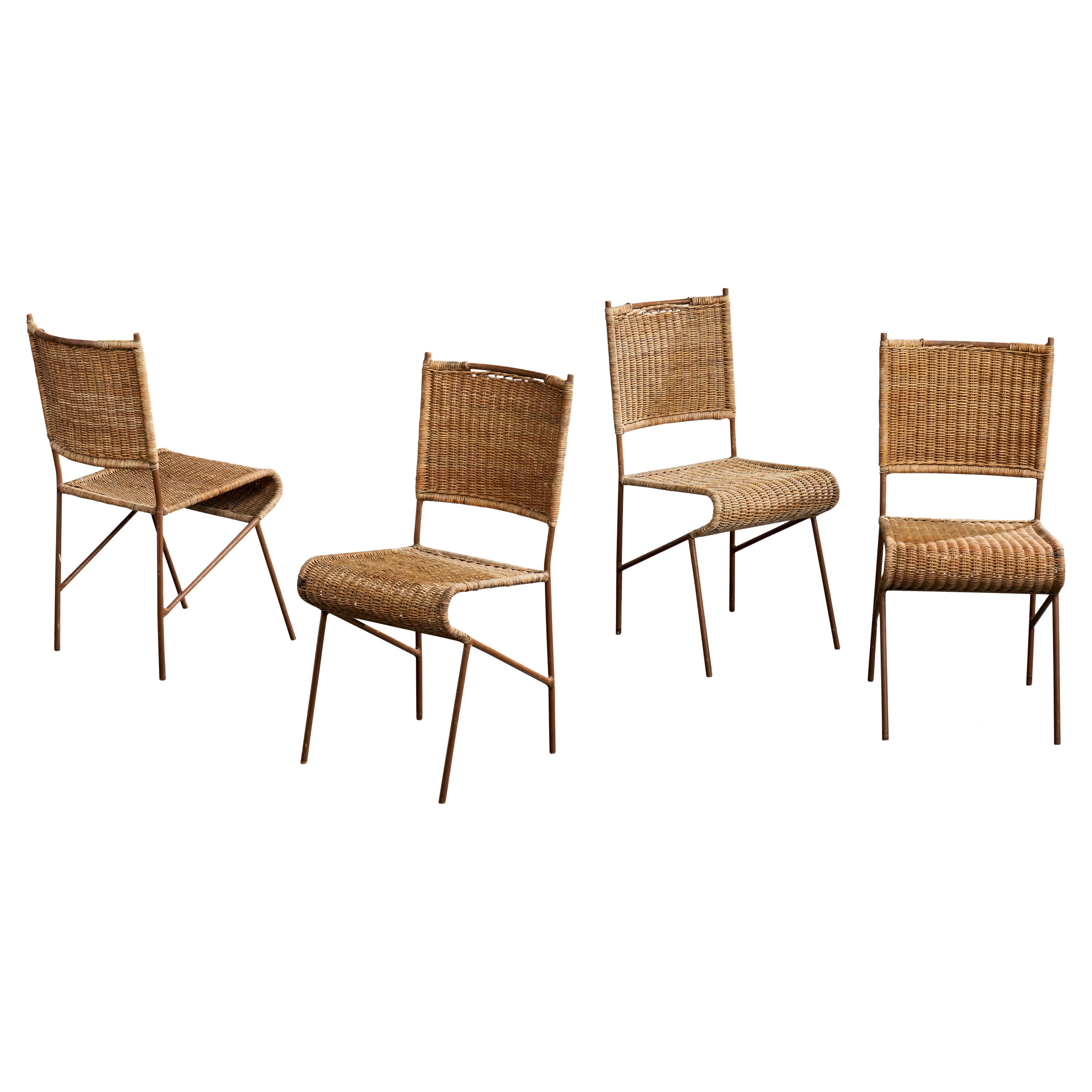Brazilian Designer, Dining Room Chairs, Iron, Rattan, Brazil, 1950s