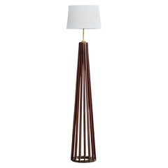 Brazilian Designer, Floor Lamp, Wood, Brass, Fabric, Brazil, 1950s