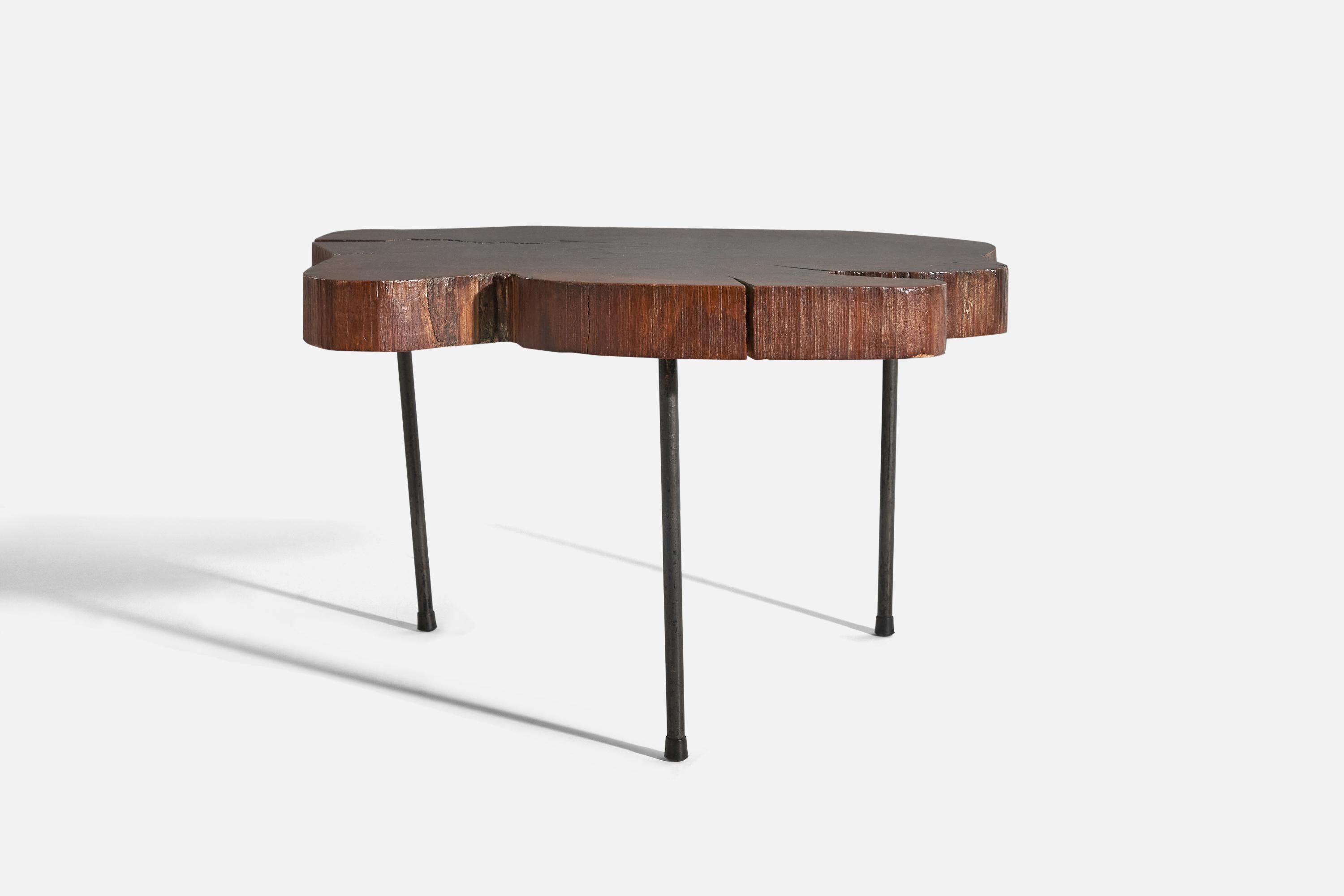 Mid-Century Modern Brazilian Designer, Freeform Coffee Table, Wood, Metal, Brazil, 1950s For Sale
