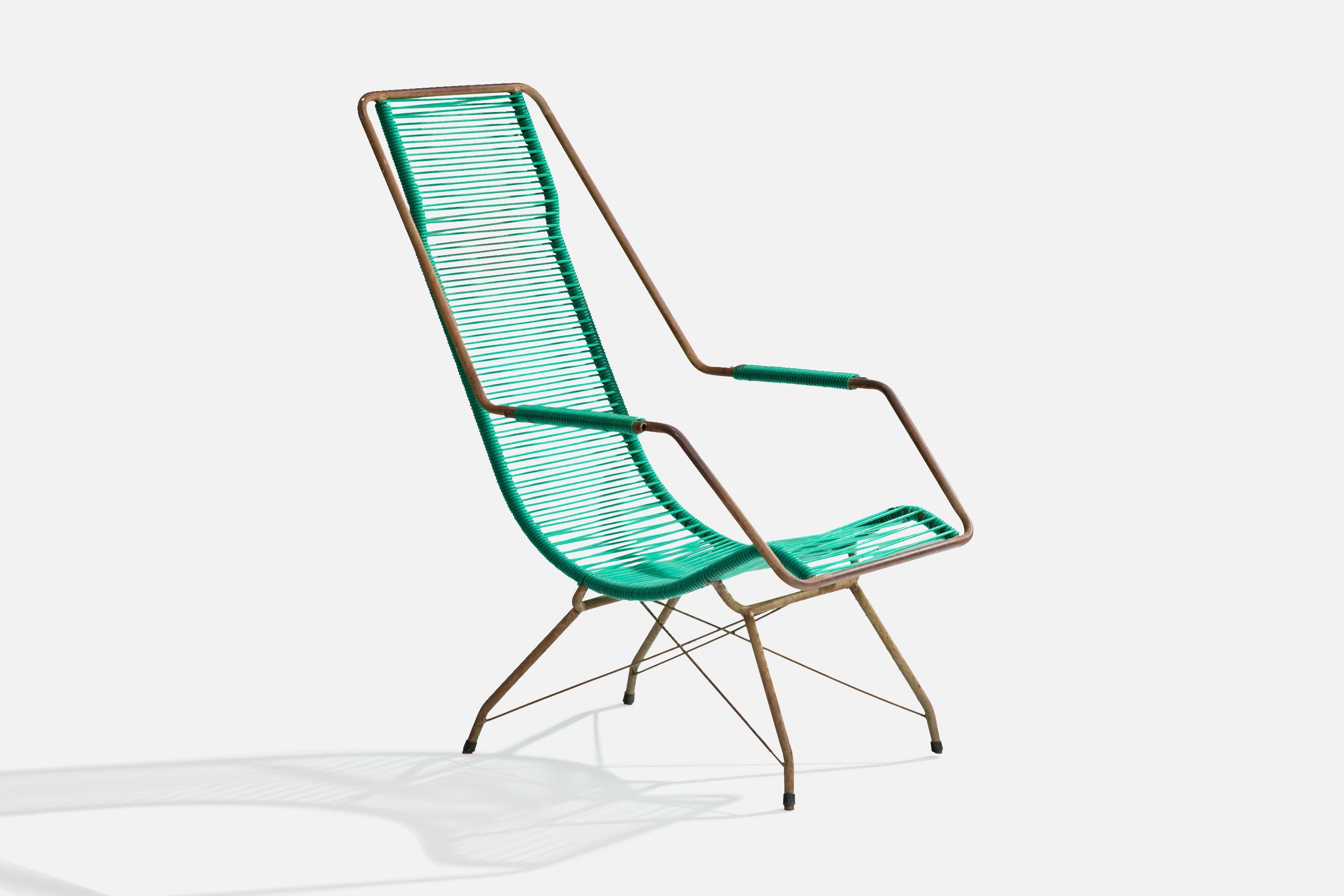 A lacquered iron and green plastic band garden lounge chair designed and produced in Brazil, c. 1960s.

Very heavy oxidation to metal legs and frame.

Overall Dimensions (inches): 40” H x 24.25” W x 34” D

Seat Height (inches): 15”

Arm Height