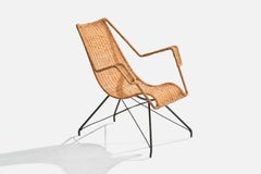 Brazilian Designer, Lounge Chair, Iron, Rattan, Brazil, 1950s