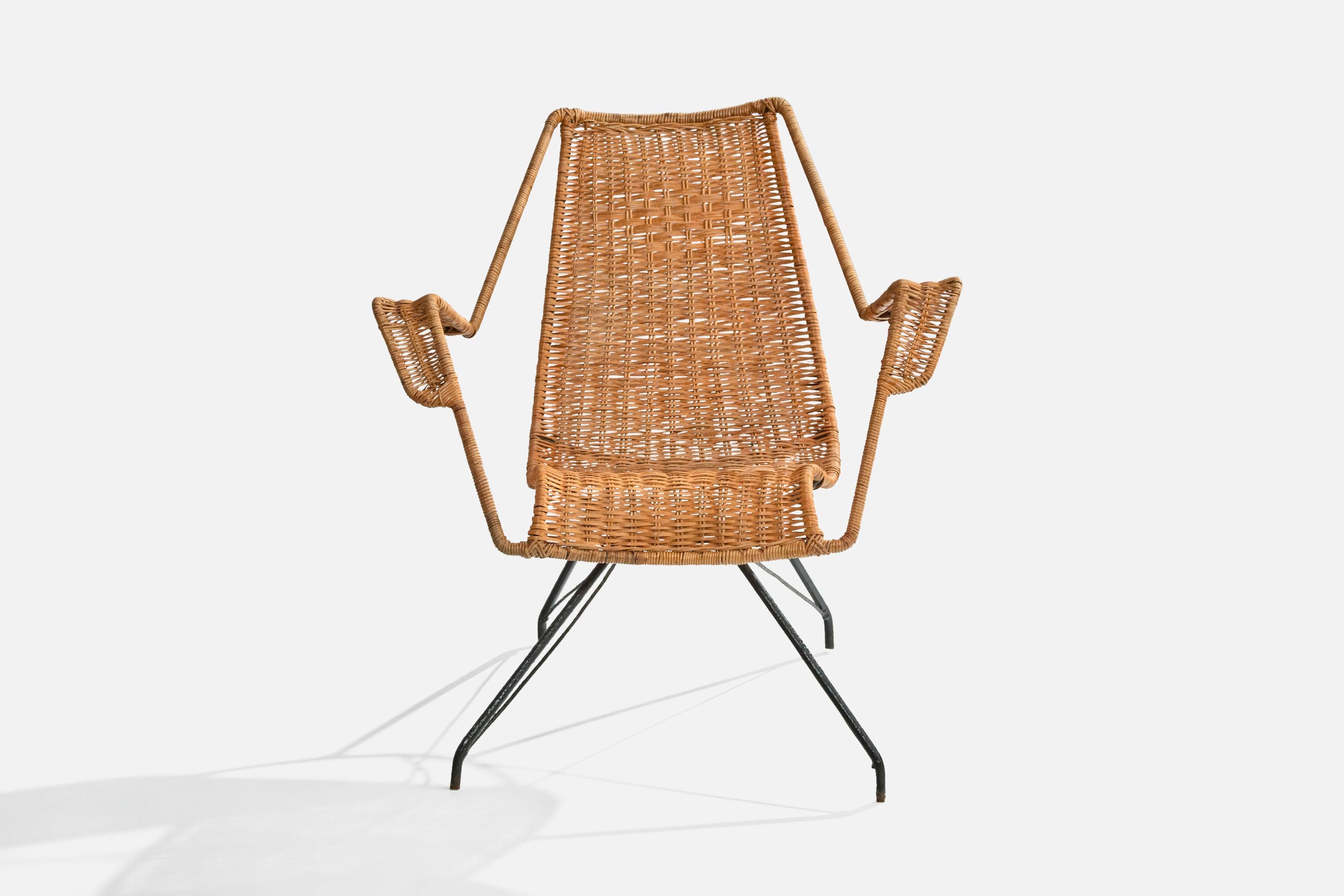 Mid-Century Modern Brazilian Designer, Lounge Chair, Iron, Rattan, Brazil, 1950s For Sale