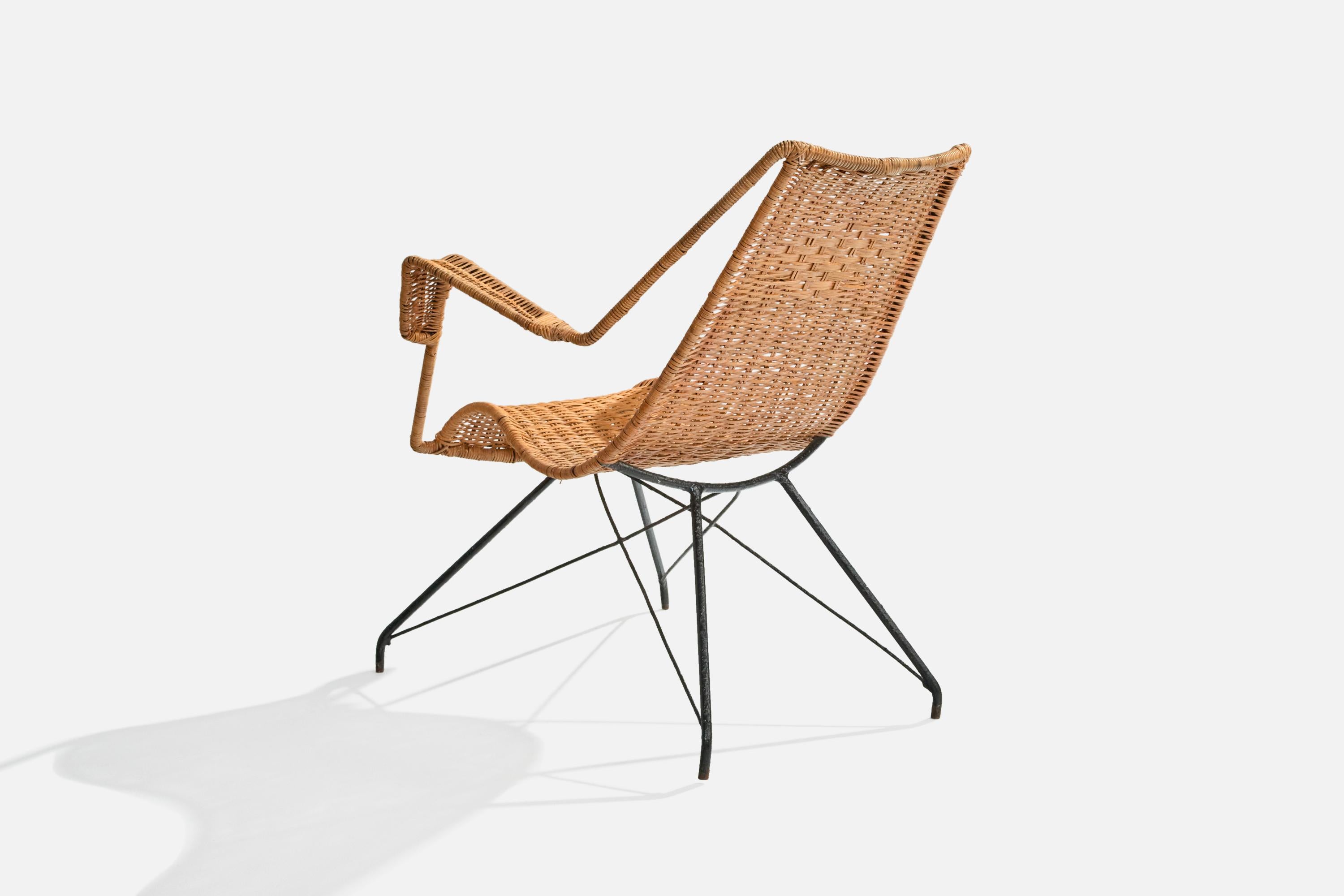 Mid-20th Century Brazilian Designer, Lounge Chair, Iron, Rattan, Brazil, 1950s For Sale
