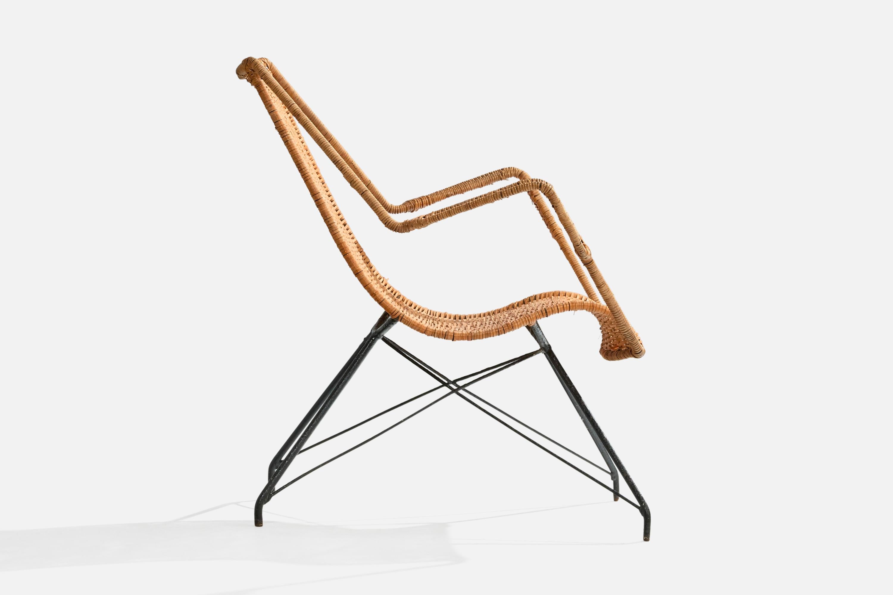 Brazilian Designer, Lounge Chair, Iron, Rattan, Brazil, 1950s For Sale 1