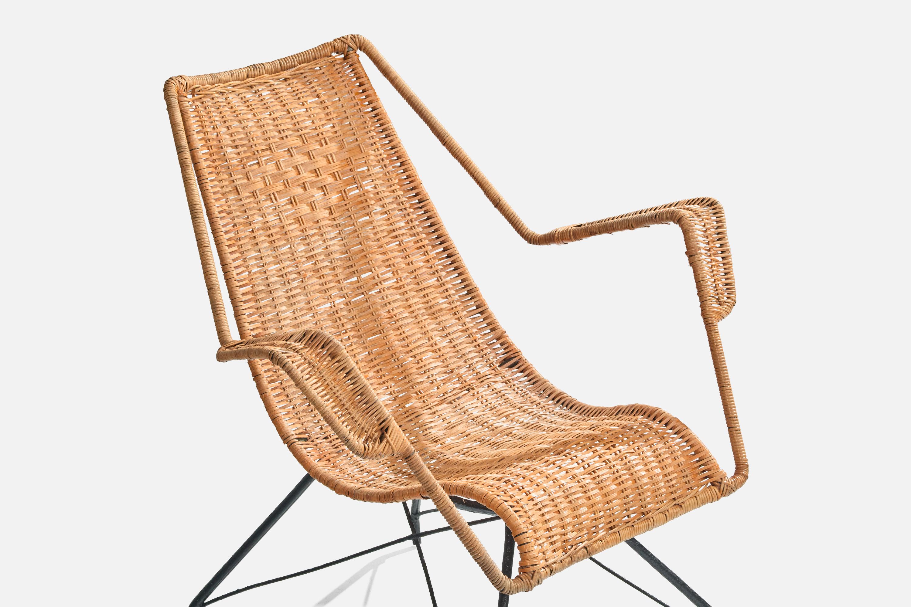 Brazilian Designer, Lounge Chair, Iron, Rattan, Brazil, 1950s For Sale 2