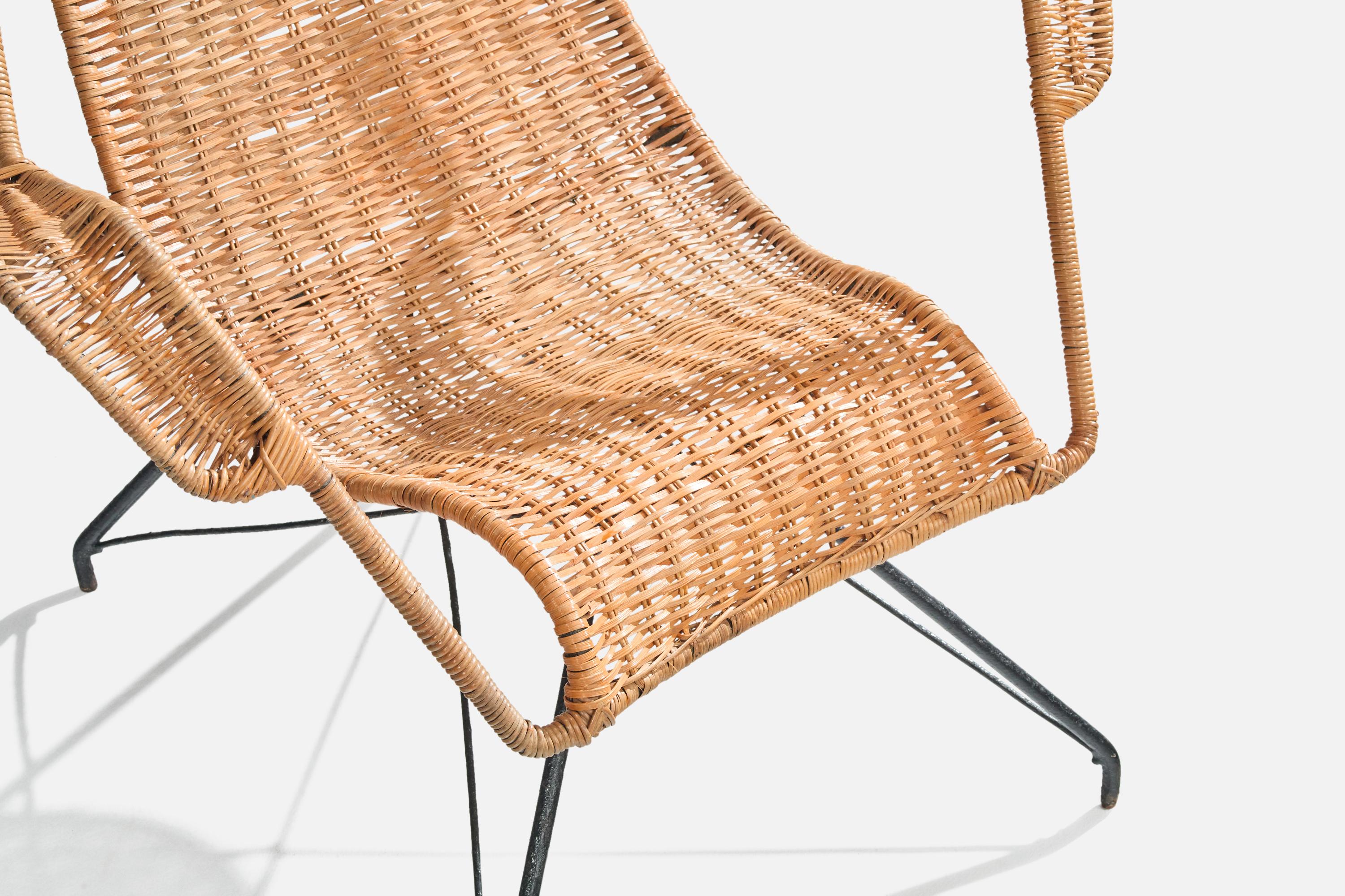 Brazilian Designer, Lounge Chair, Iron, Rattan, Brazil, 1950s For Sale 4