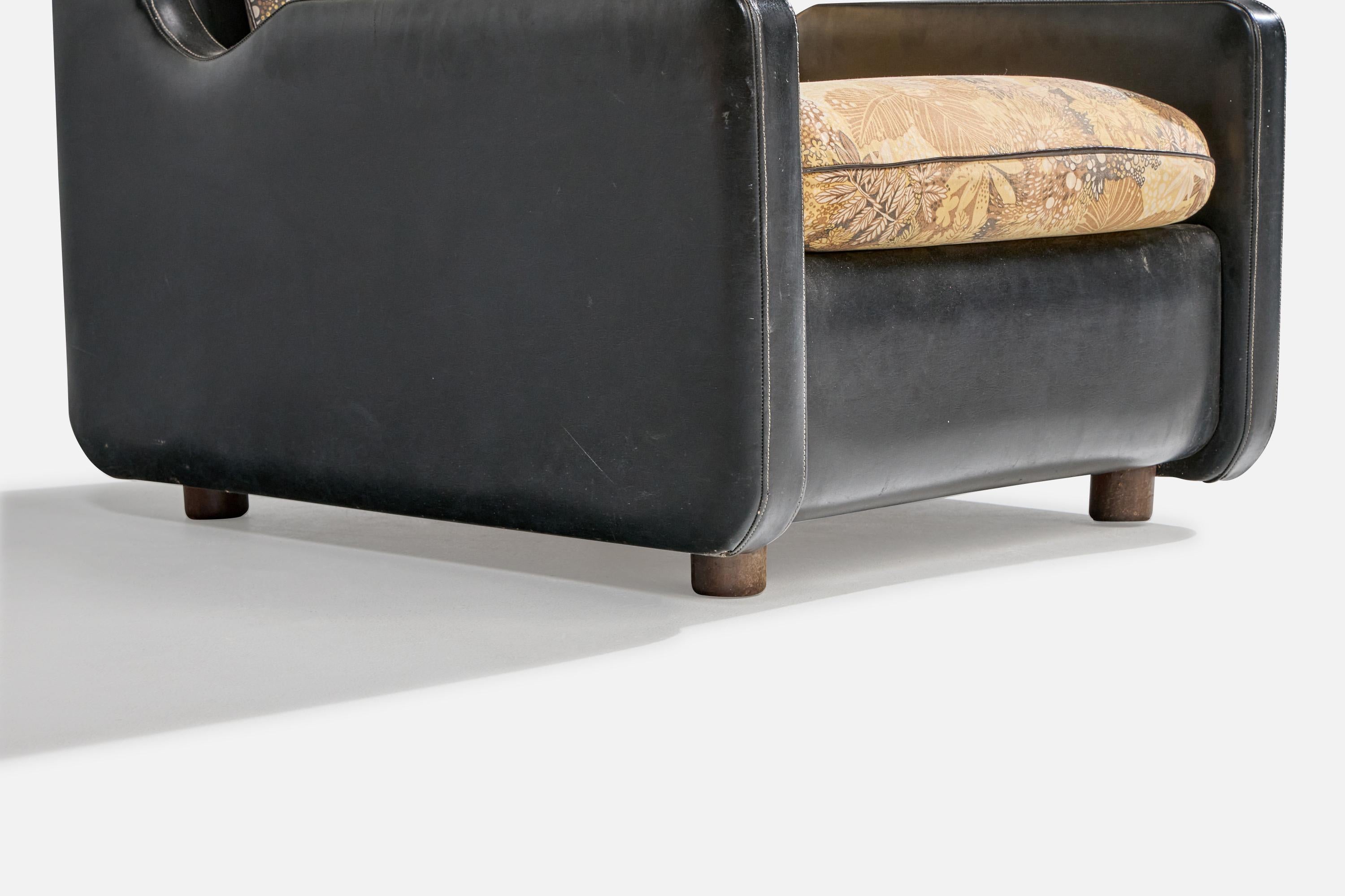 Brasilianischer Designer, Loungesessel, Lederette, Stoff, Holz, Brasilien, 1960er Jahre im Angebot 6