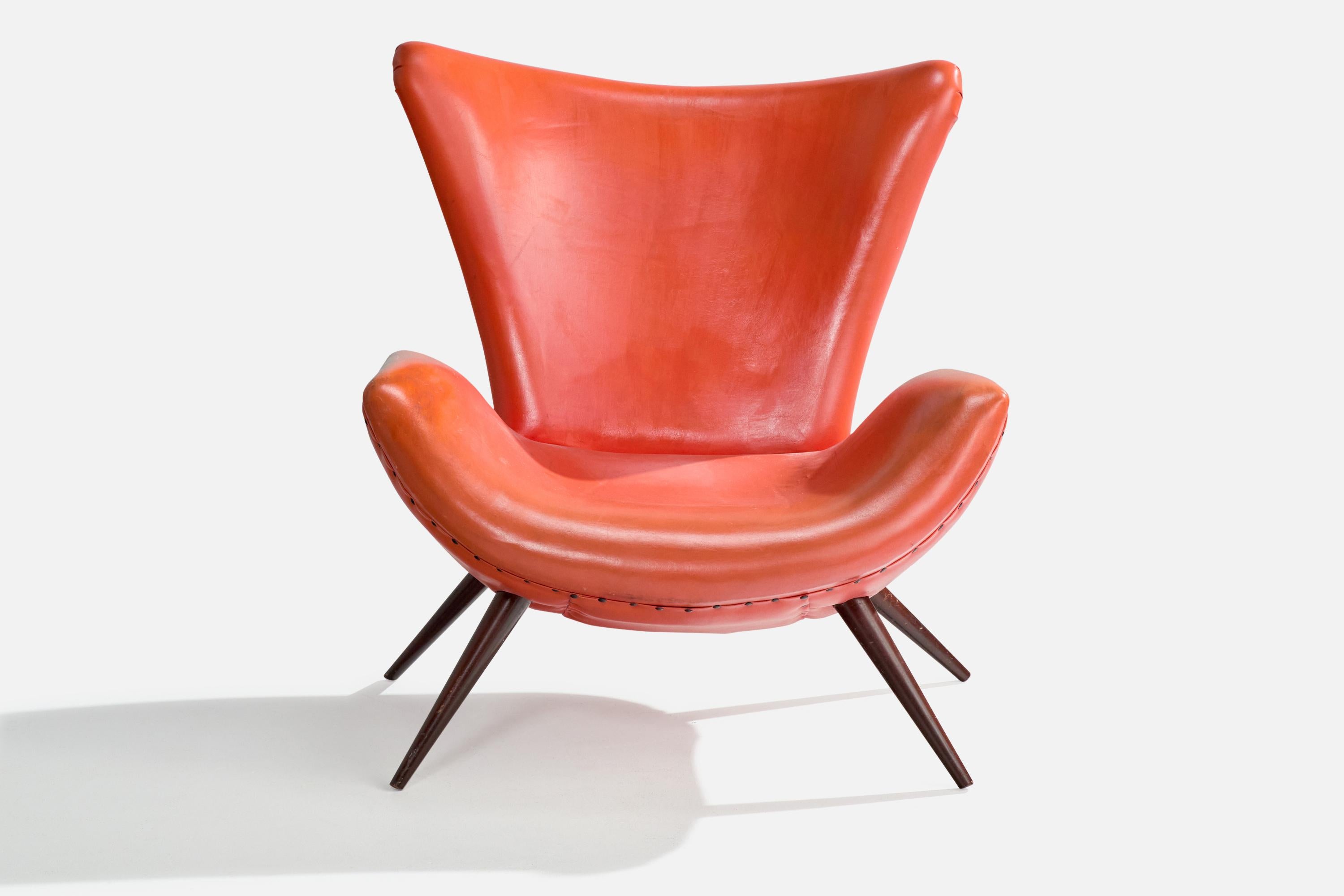 Mid-Century Modern Brazilian Designer, Lounge Chair, Leatherette, Wood, Brazil, 1950s For Sale