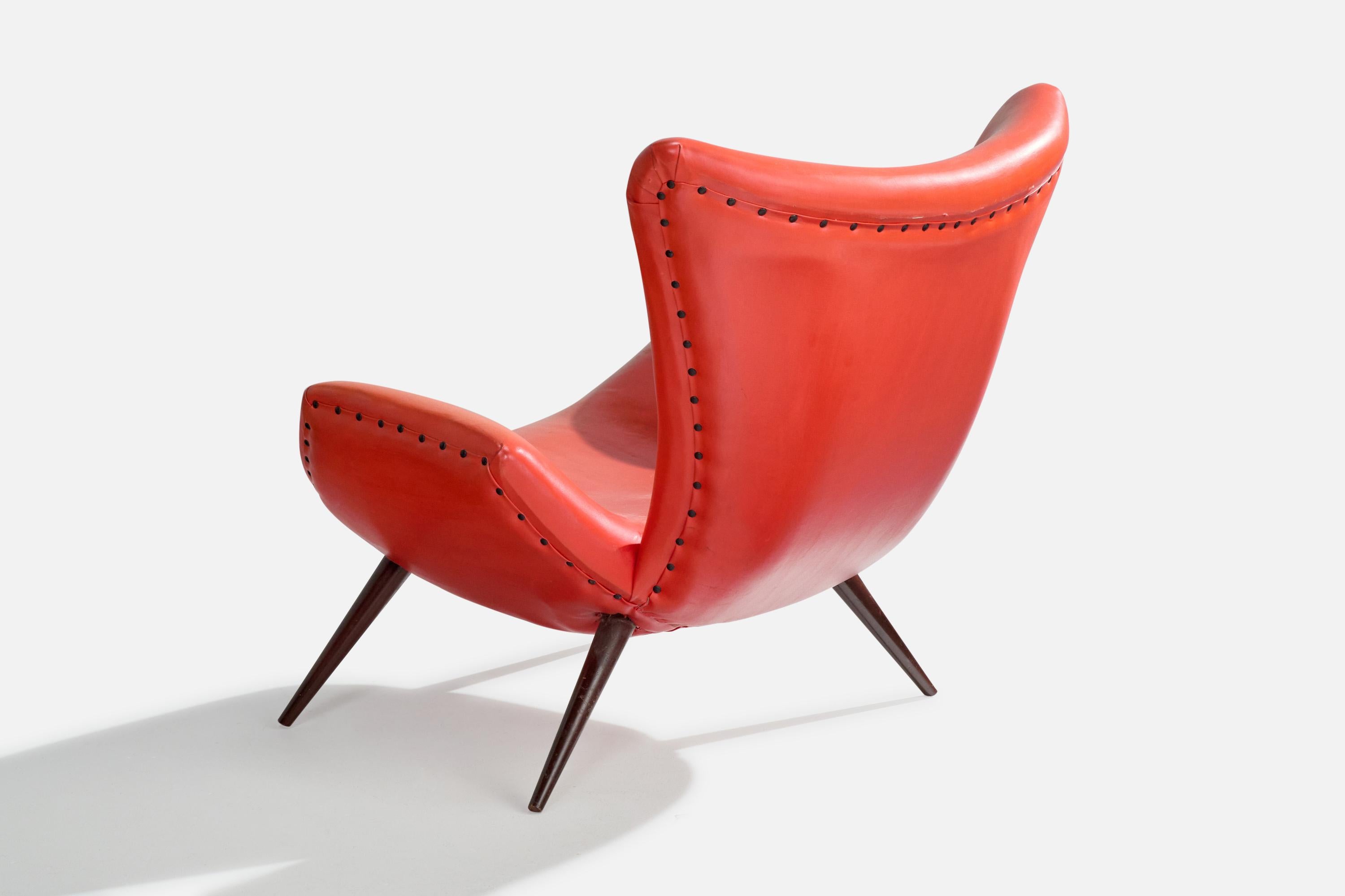 Mid-20th Century Brazilian Designer, Lounge Chair, Leatherette, Wood, Brazil, 1950s For Sale