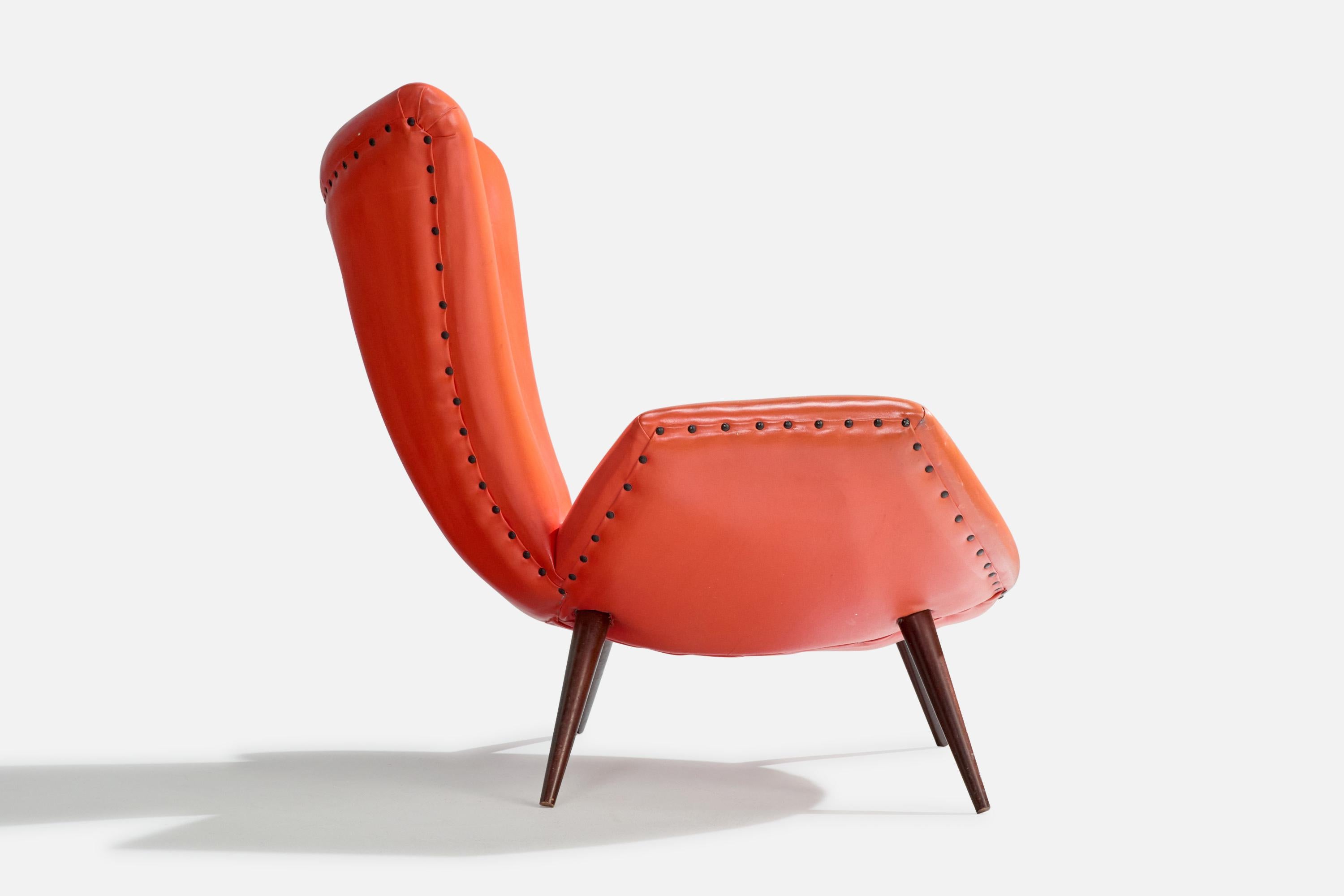 Faux Leather Brazilian Designer, Lounge Chair, Leatherette, Wood, Brazil, 1950s For Sale