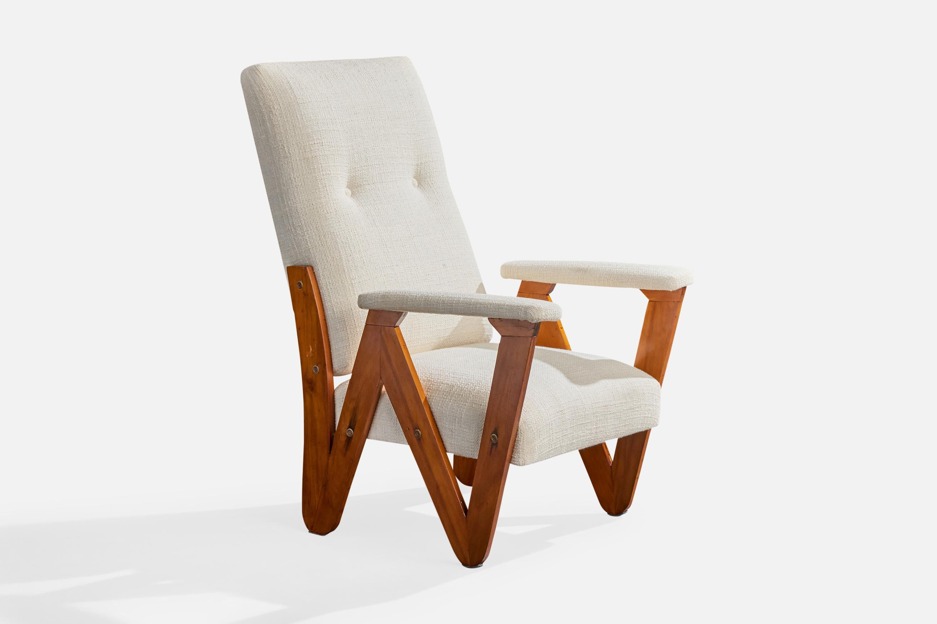 Chaise de salon en contreplaqué marin, métal et tissu blanc cassé, conçue et produite au Brésil, vers les années 1950.

Provenance : Collectional, Minas S, Brésil.

Entièrement restauré et retapissé.

Dimensions globales (pouces) : 40.25 