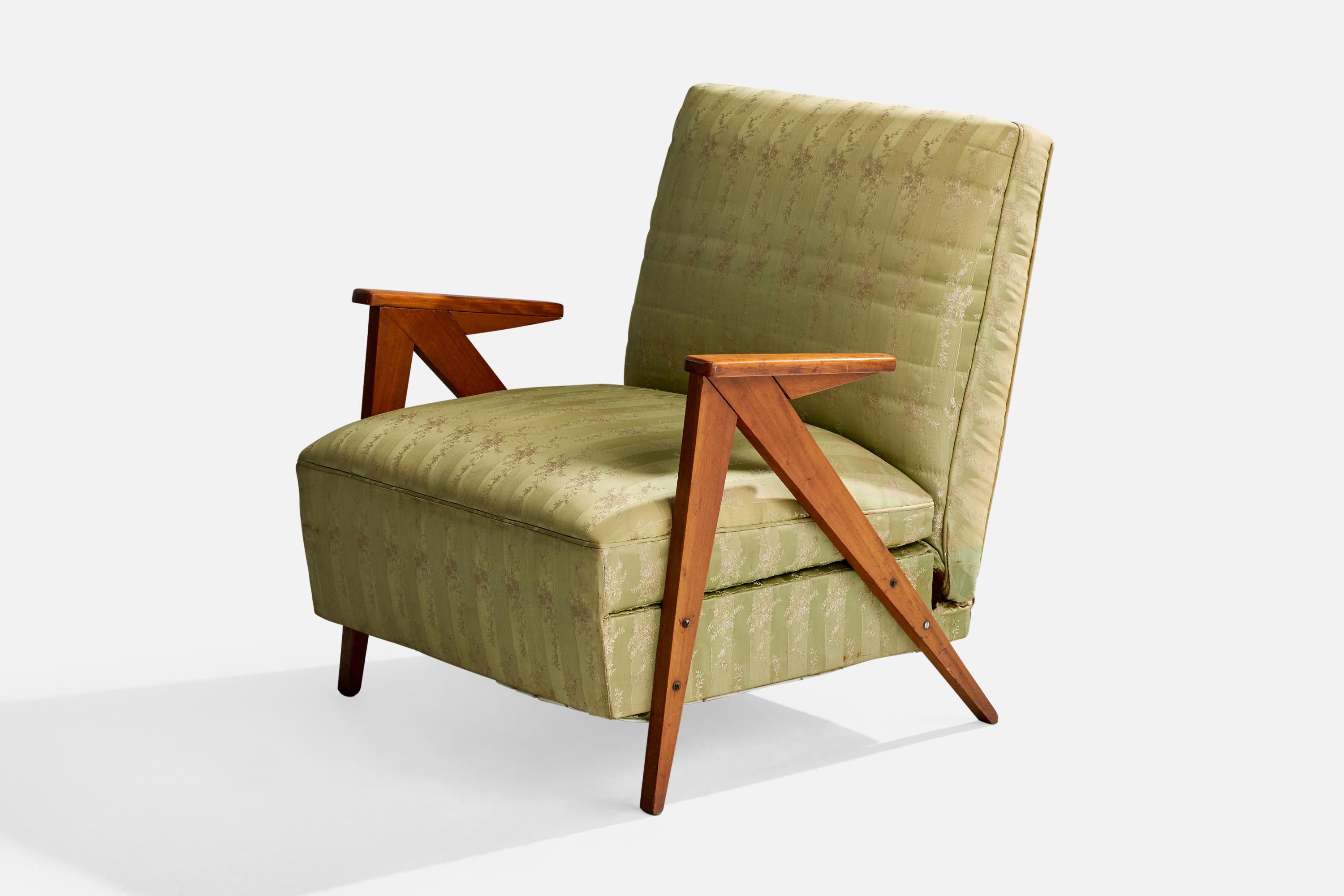 Sedia da salotto in legno e tessuto verde progettata e prodotta in Brasile, anni '50 circa.

Dimensioni complessive (pollici): 35.0 