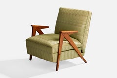 Designer brésilien, fauteuil de salon, bois, tissu, Brésil, années 1950