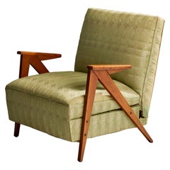 Designer brésilien, fauteuil de salon, bois, tissu, Brésil, années 1950