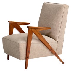 Brasilianischer Designer, Loungesessel, Holz, Stoff, Brasilien, 1950er Jahre