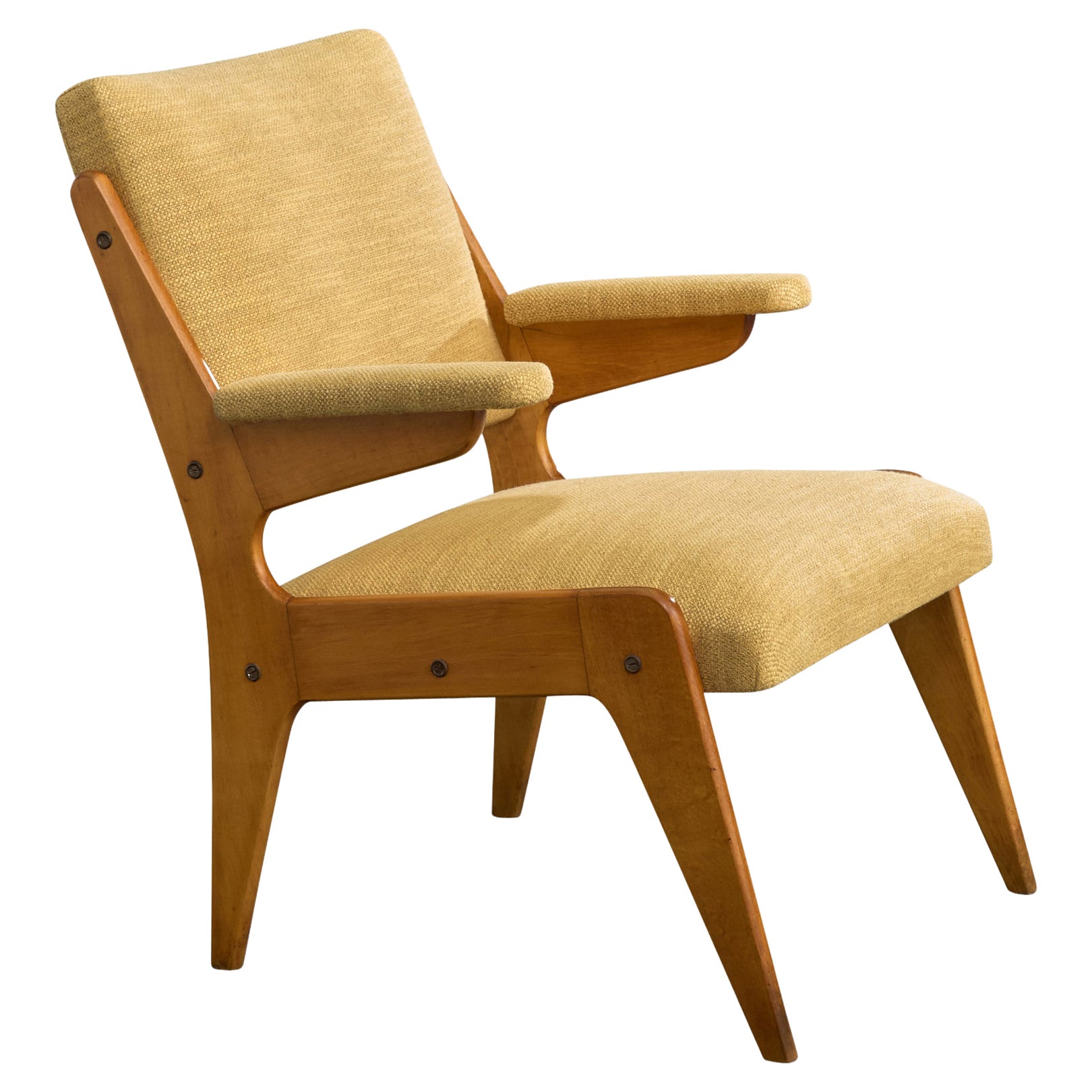 Brazilian Designer, Lounge Chair, Wood, Fabric, Brazil, 1960s