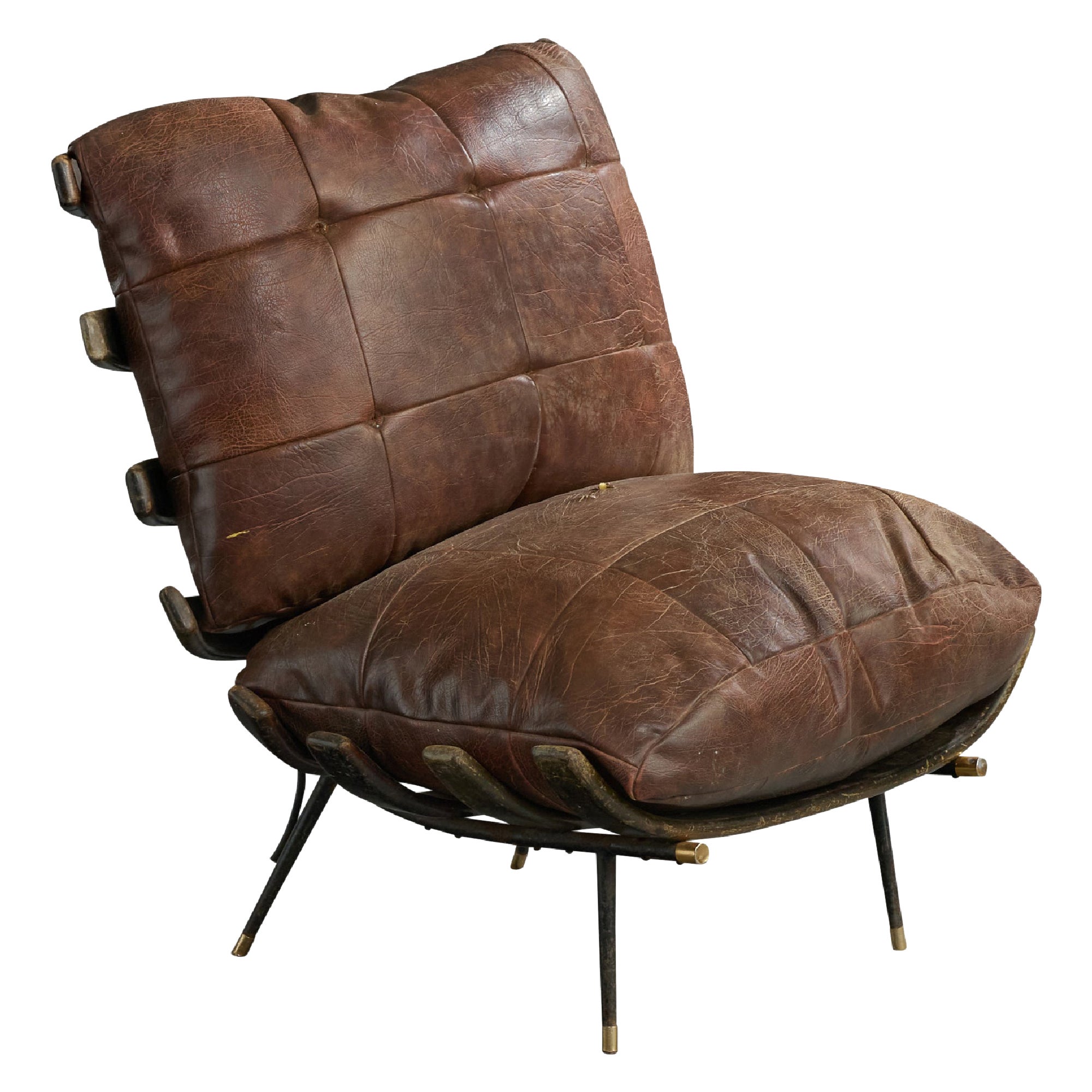 Designer brasiliano, sedia da salotto, Wood, pelle, ottone, ferro, Brasile, anni 
50