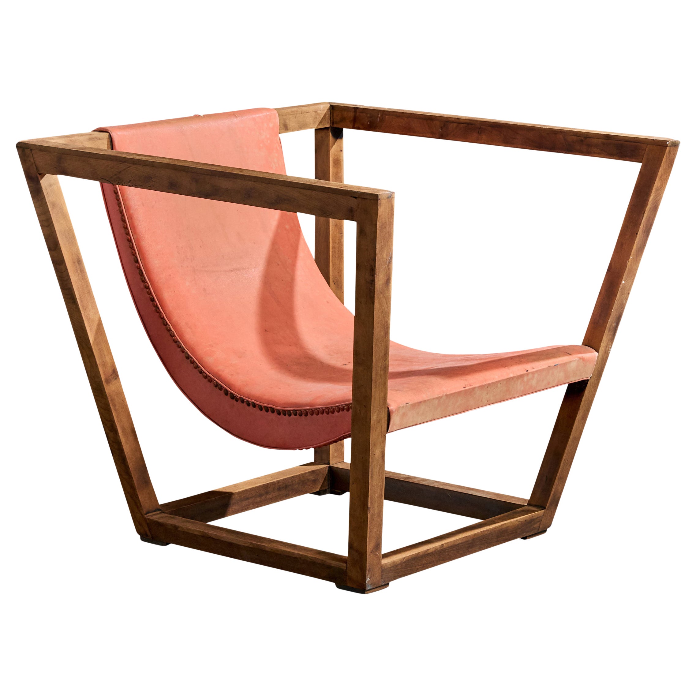 Brasilianischer Designer, Loungesessel, Holz, Leder, Brasilien, 1950er Jahre