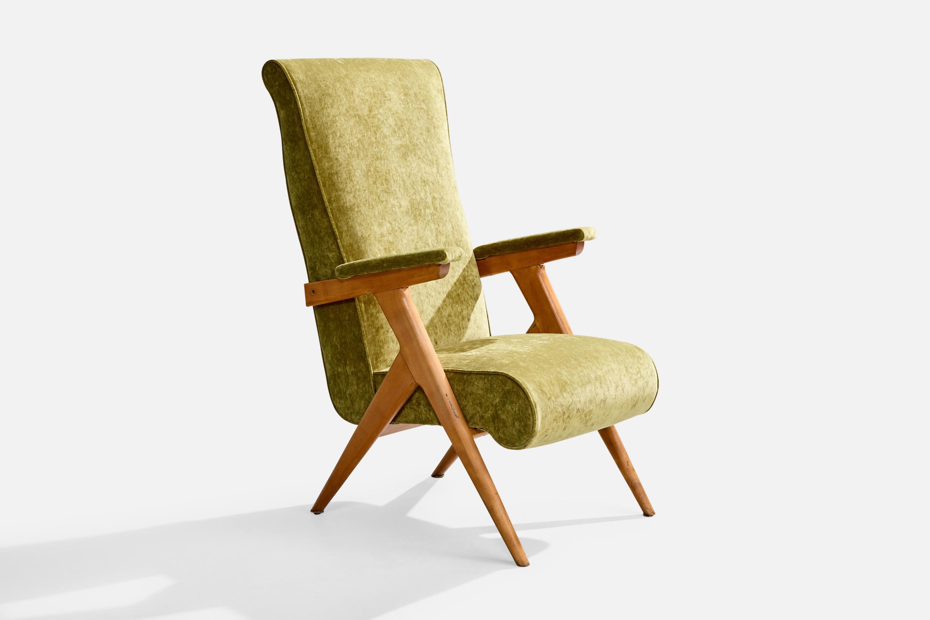 Mid-Century Modern Designer brésilien, fauteuil de salon, bois, velours, Brésil, années 1960 en vente