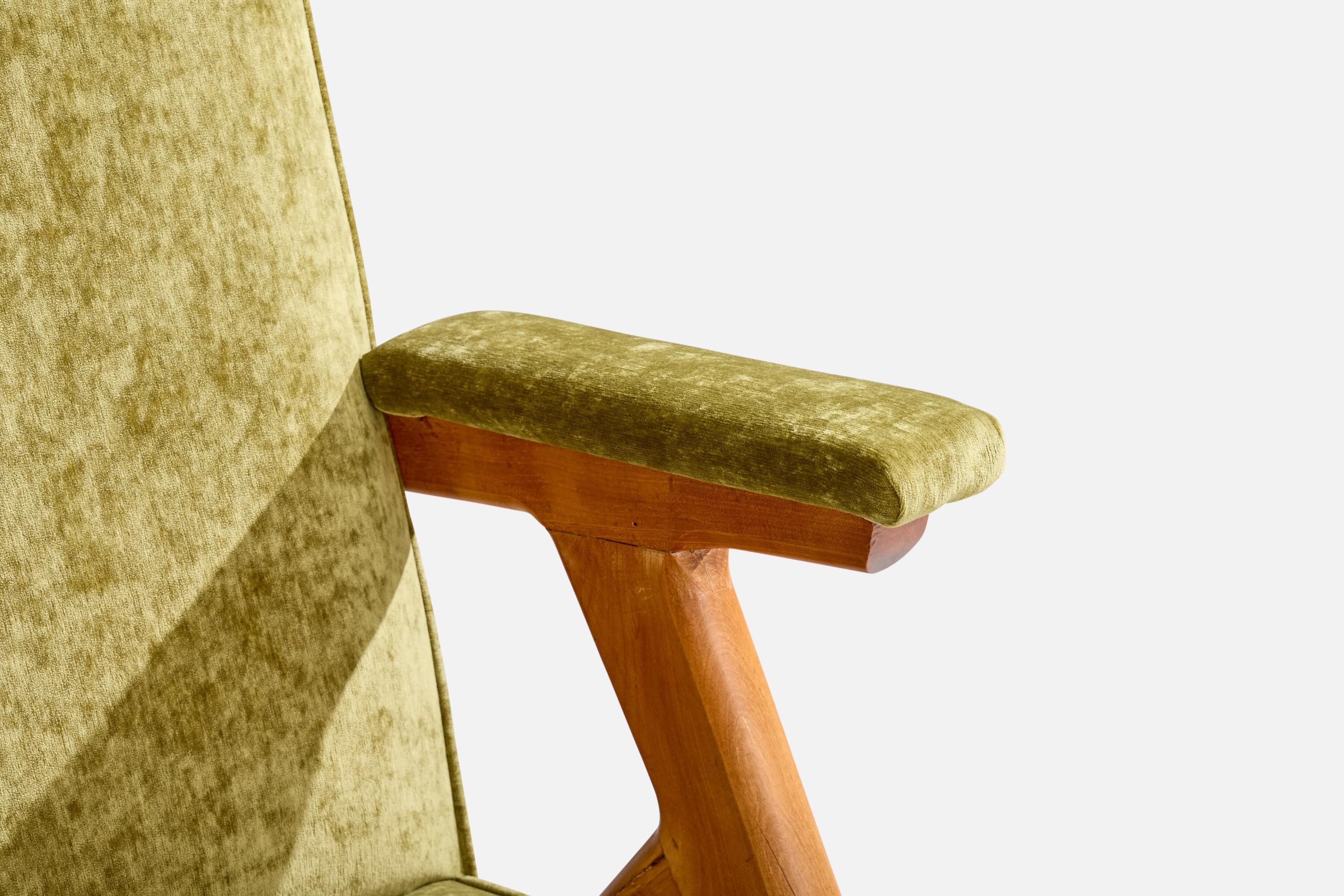 Designer brésilien, fauteuil de salon, bois, velours, Brésil, années 1960 en vente 1