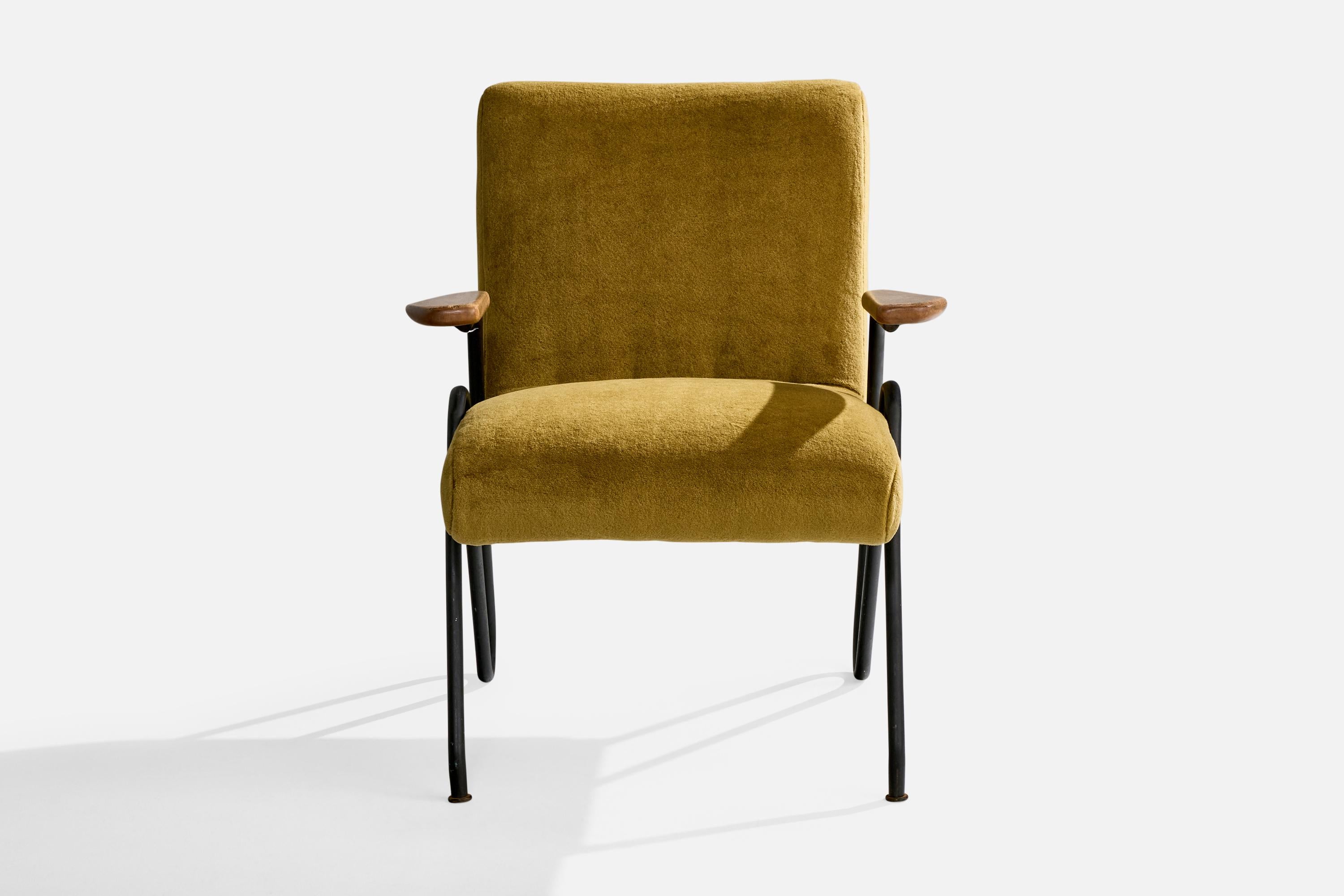 Mid-Century Modern Brazilian Designer, Lounge Chair, Wood, Velvet, Metal, Brazil, 1950s For Sale