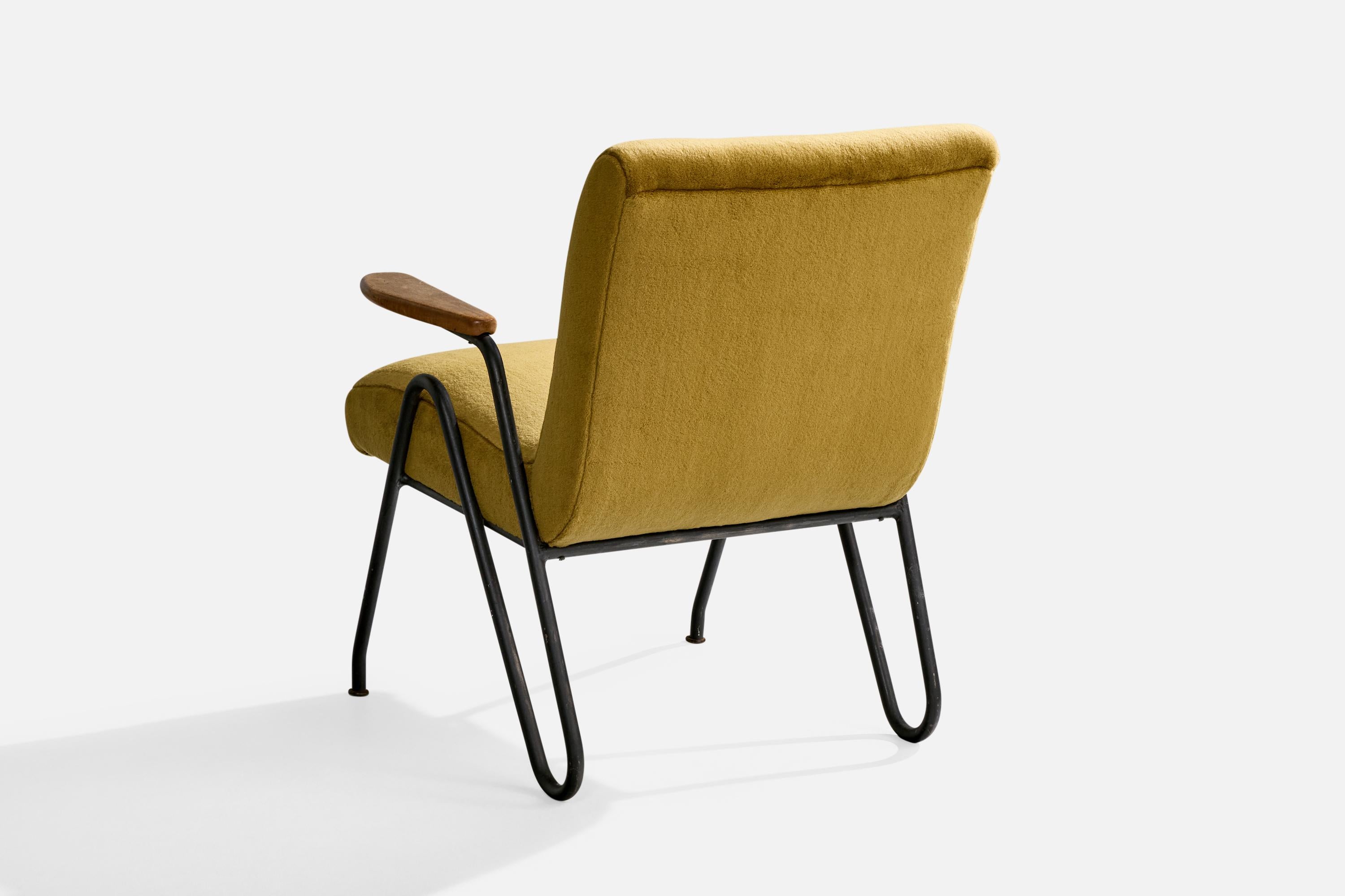 Mid-20th Century Brazilian Designer, Lounge Chair, Wood, Velvet, Metal, Brazil, 1950s For Sale