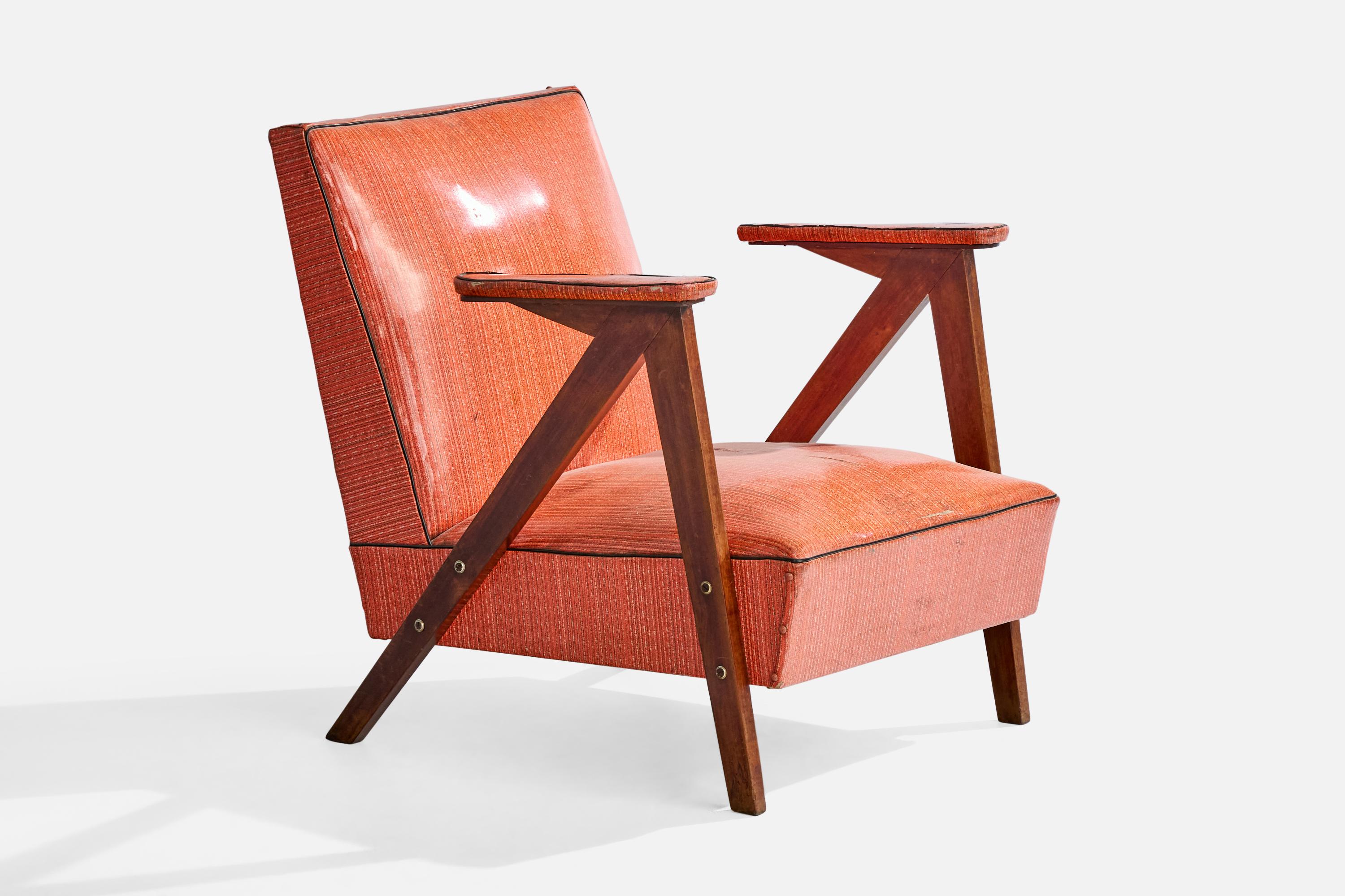Mid-Century Modern Brazilian Designer, Lounge Chair, Wood, Vinyl, Brazil, 1950s For Sale