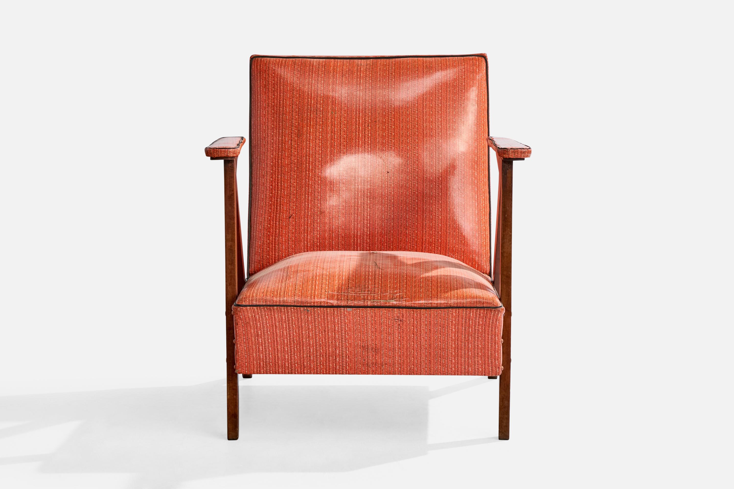 Upholstery Brazilian Designer, Lounge Chair, Wood, Vinyl, Brazil, 1950s For Sale