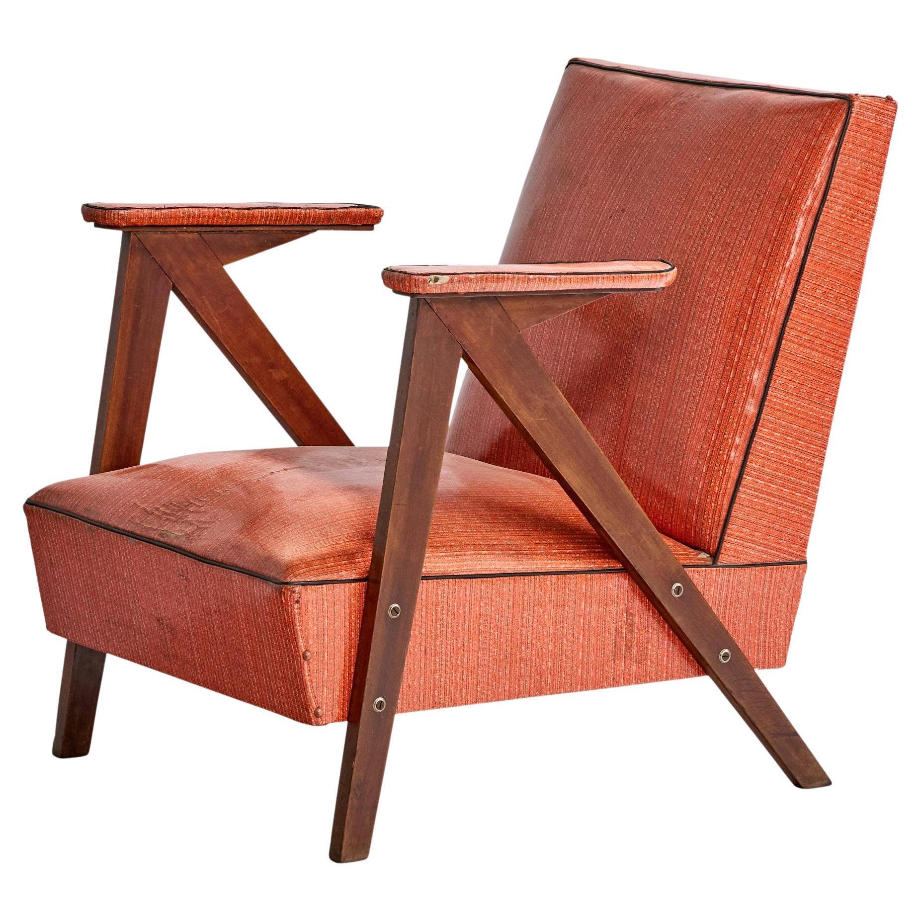 Brazilian Designer, Lounge Chair, Wood, Vinyl, Brazil, 1950s For Sale