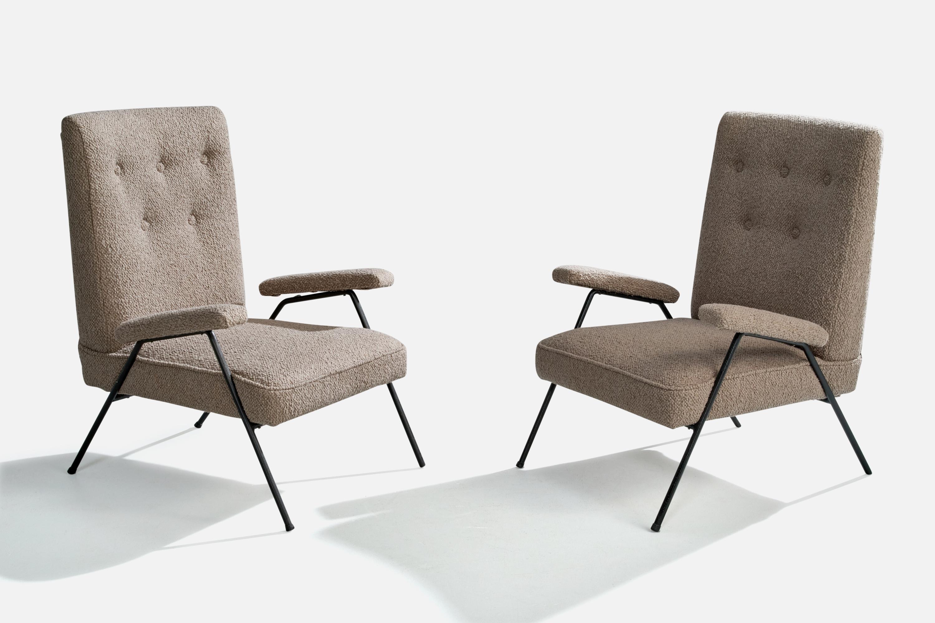 A pair of black-lacquered iron and grey fabric lounge chairs designed and produced in Brazil, c. 1950s.

Reupholstered at some point in recent history. Very light oxidation to some metal legs.

Overall Dimensions (inches): 35” H x 26.5” W x 27.5”