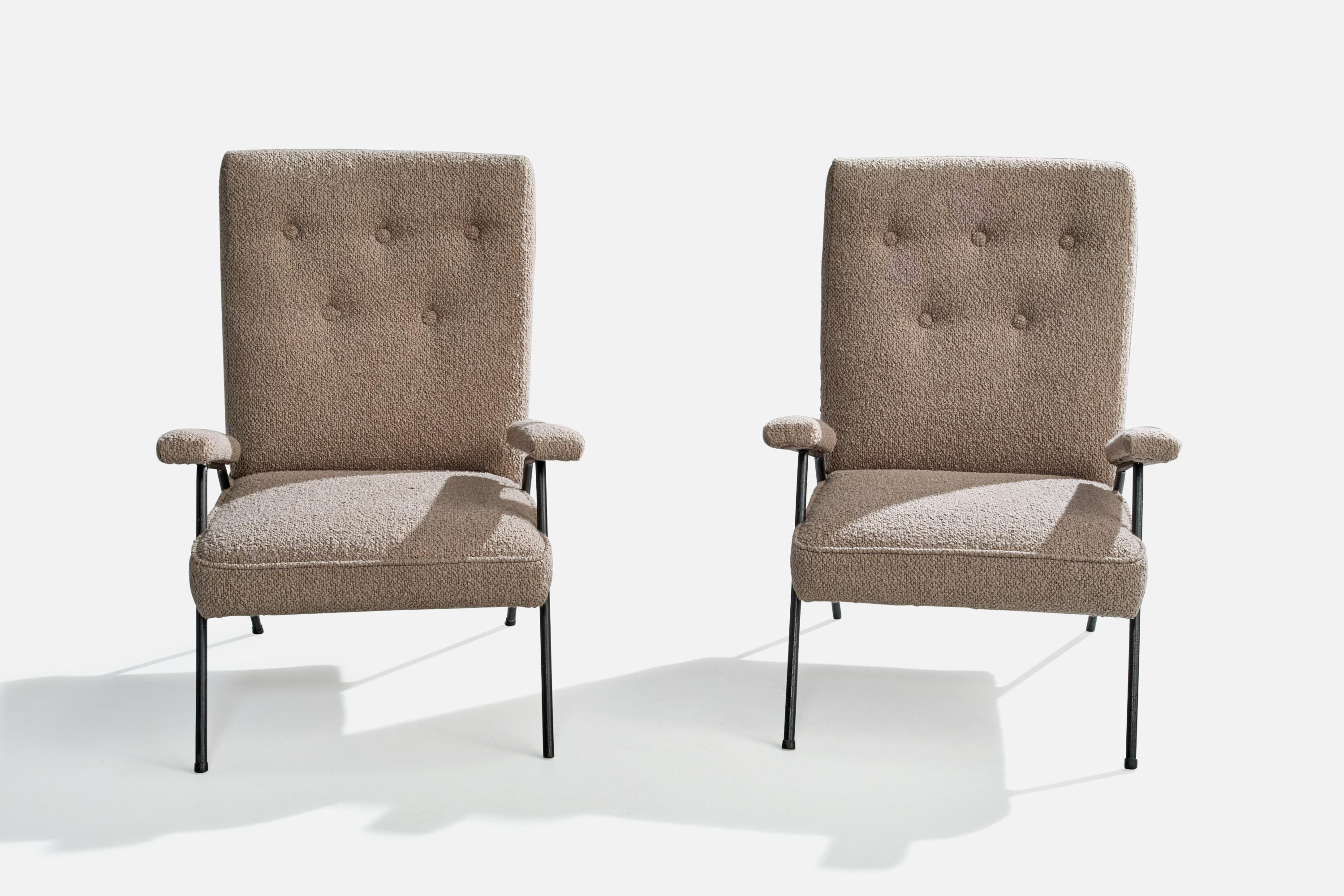 Mid-Century Modern Brazilian Designer, Lounge Chairs, Iron, Fabric, Brazil, 1950s For Sale