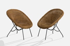 Brazilian Designer, Lounge Chairs, Iron, Rattan, Brazil, 1950s