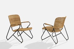 Brazilian Designer, Lounge Chairs, Iron, Rattan, Brazil, 1950s