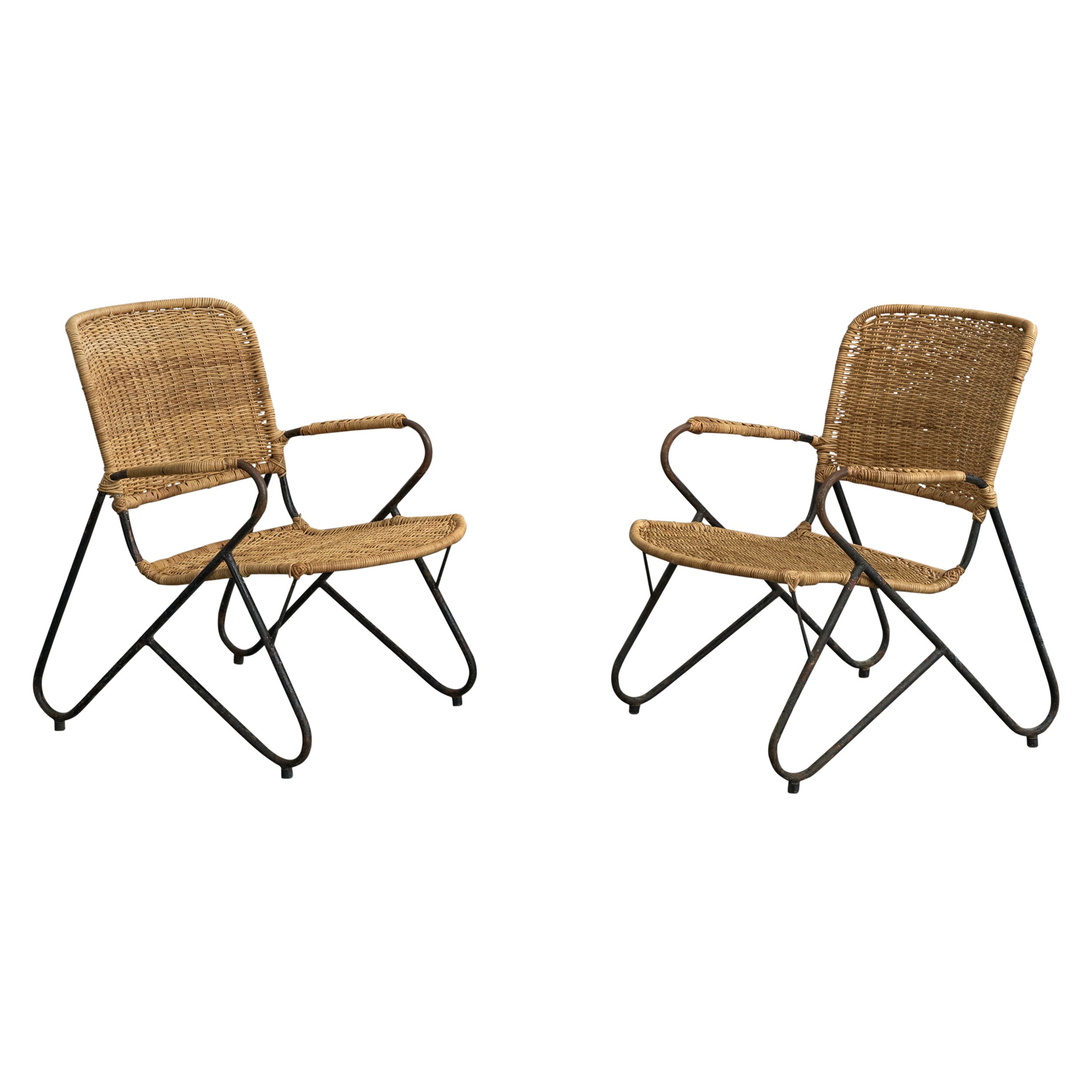 Brazilian Designer, Lounge Chairs, Iron, Rattan, Brazil, 1950s