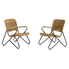 Brazilian Designer, Lounge Chairs, Iron, Rattan, Brazil, 1950s