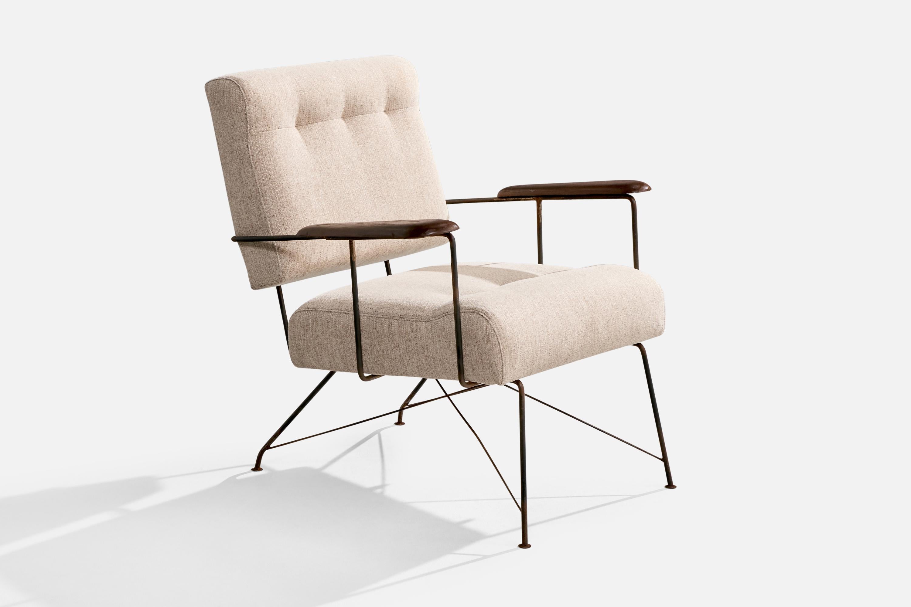 Designer brasiliano, sedie da salotto, ferro, legno, tessuto, Brasile, anni '50 In condizioni buone a High Point, NC