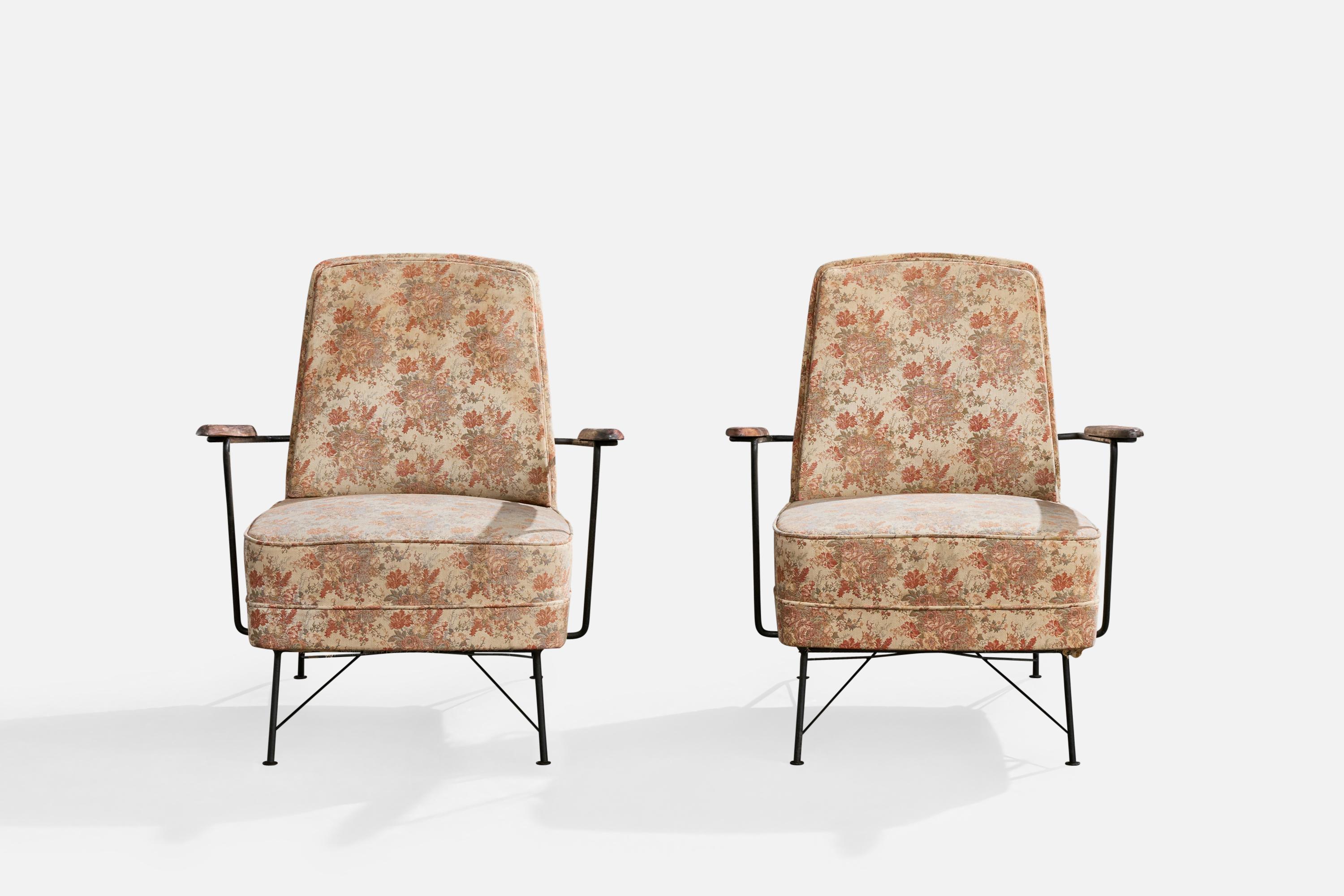 Brasilianischer Designer, Loungesessel, Eisen, Holz, Stoff, Brasilien, 1960er Jahre im Zustand „Relativ gut“ im Angebot in High Point, NC