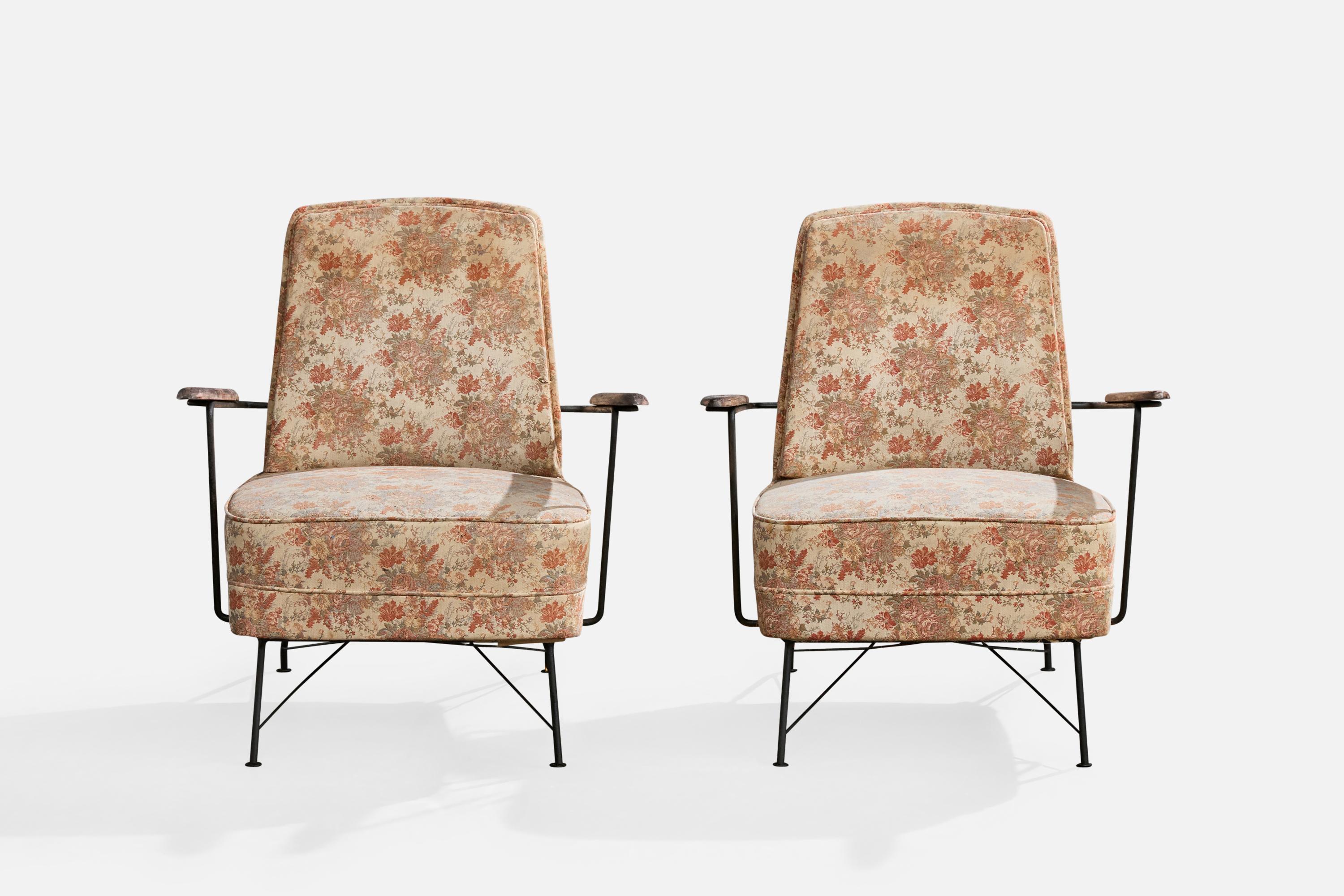 Brasilianischer Designer, Loungesessel, Eisen, Holz, Stoff, Brasilien, 1960er Jahre im Zustand „Gut“ im Angebot in High Point, NC