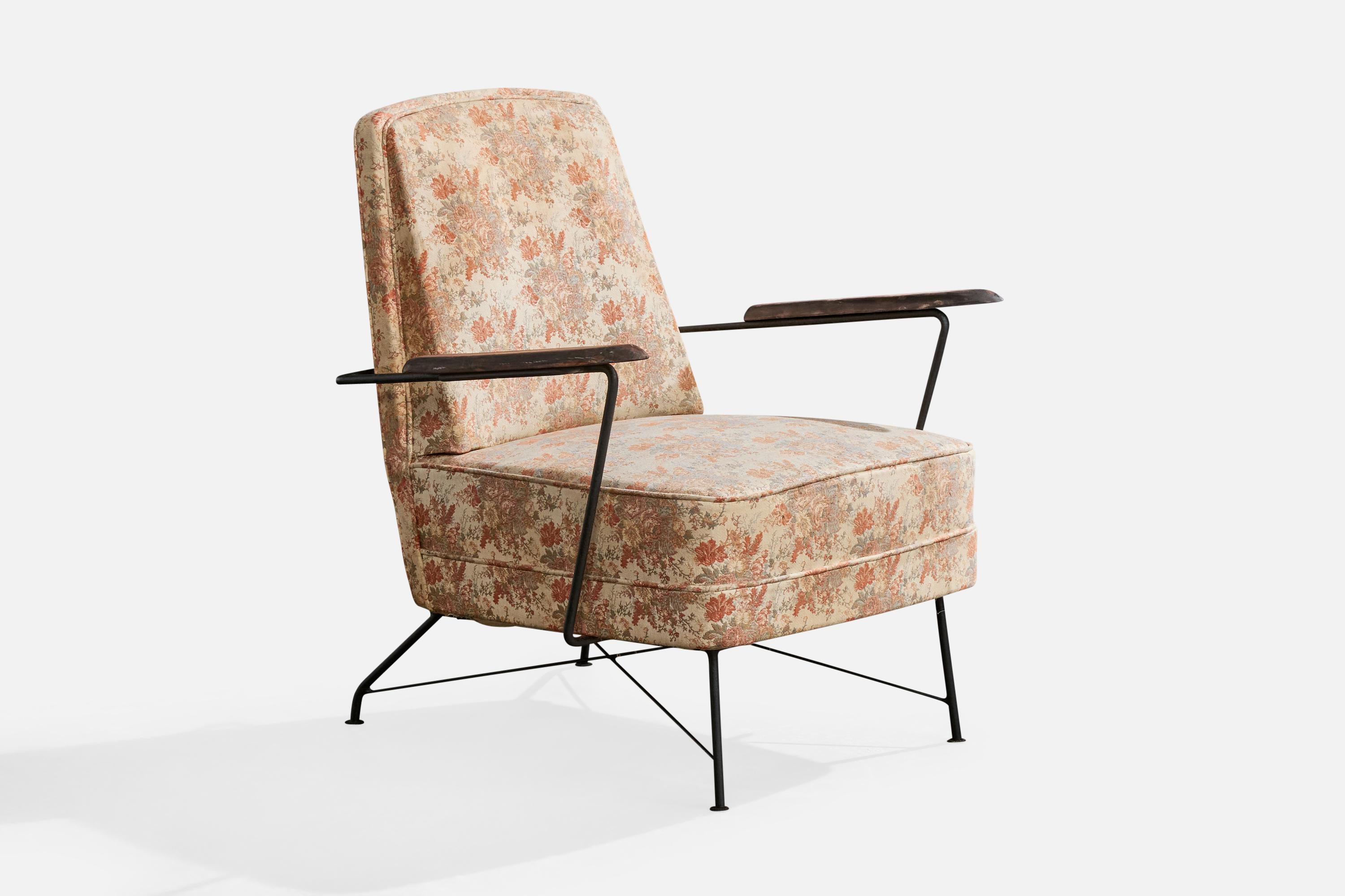 Brasilianischer Designer, Loungesessel, Eisen, Holz, Stoff, Brasilien, 1960er Jahre (Mitte des 20. Jahrhunderts) im Angebot