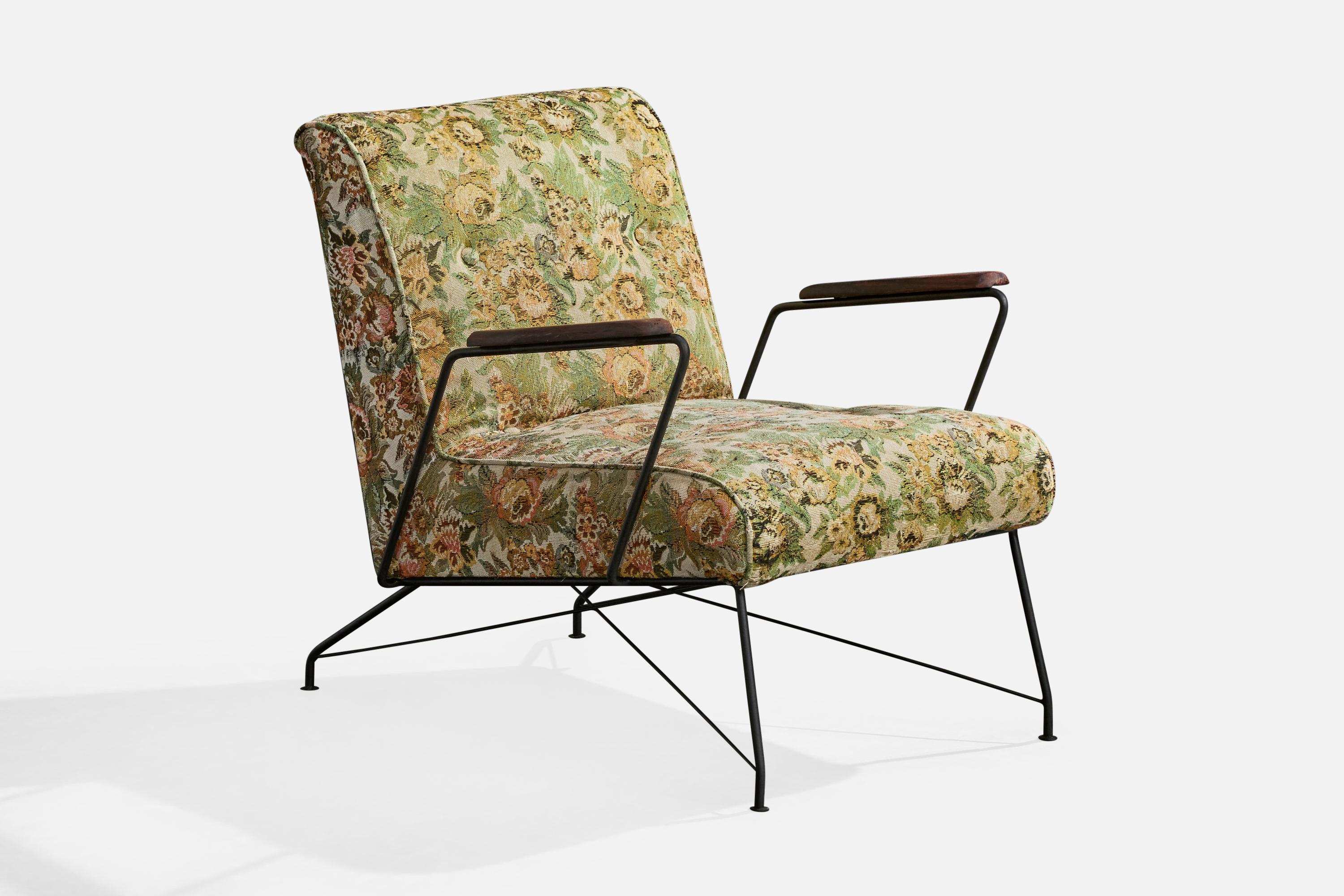 Brasilianischer Designer, Loungesessel, Eisen, Holz, Stoff, Brasilien, 1960er Jahre (Mitte des 20. Jahrhunderts) im Angebot