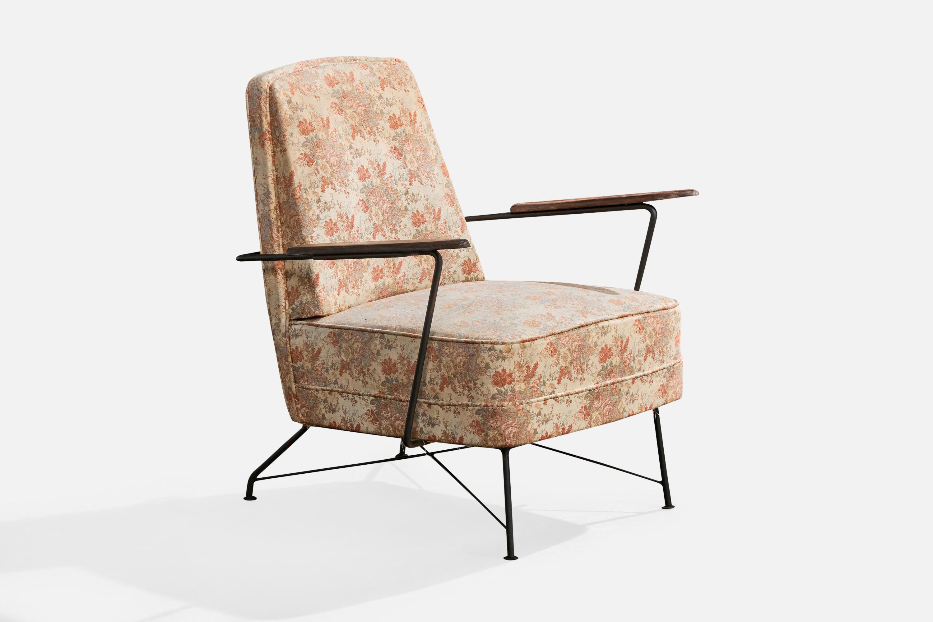 Brasilianischer Designer, Loungesessel, Eisen, Holz, Stoff, Brasilien, 1960er Jahre (Mitte des 20. Jahrhunderts) im Angebot