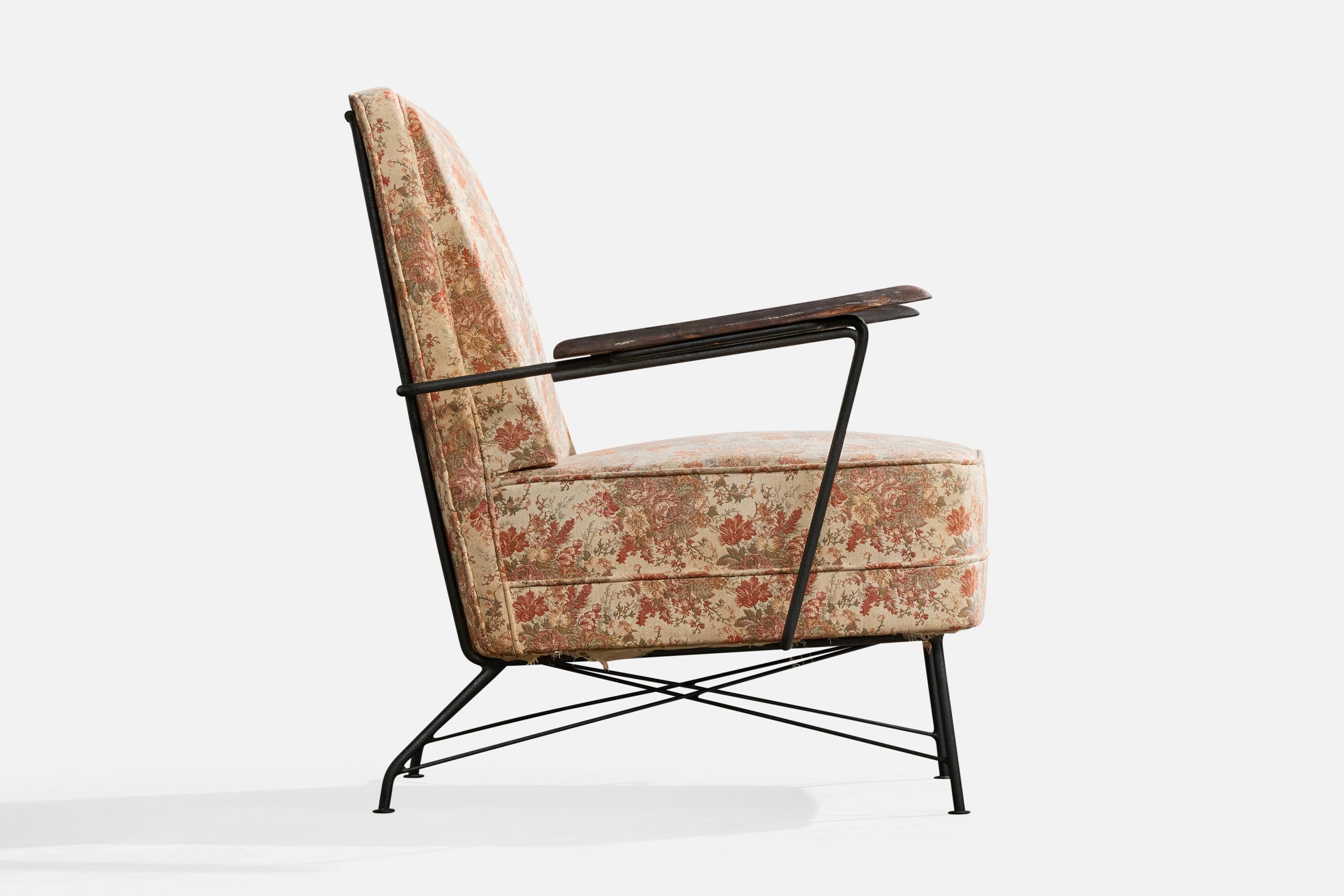 Brasilianischer Designer, Loungesessel, Eisen, Holz, Stoff, Brasilien, 1960er Jahre im Angebot 1