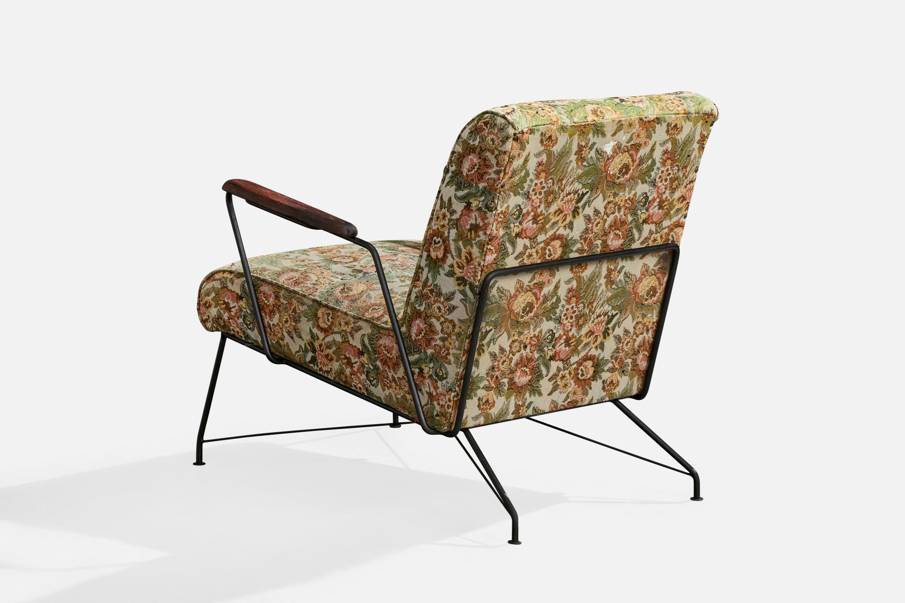 Brasilianischer Designer, Loungesessel, Eisen, Holz, Stoff, Brasilien, 1960er Jahre im Angebot 1